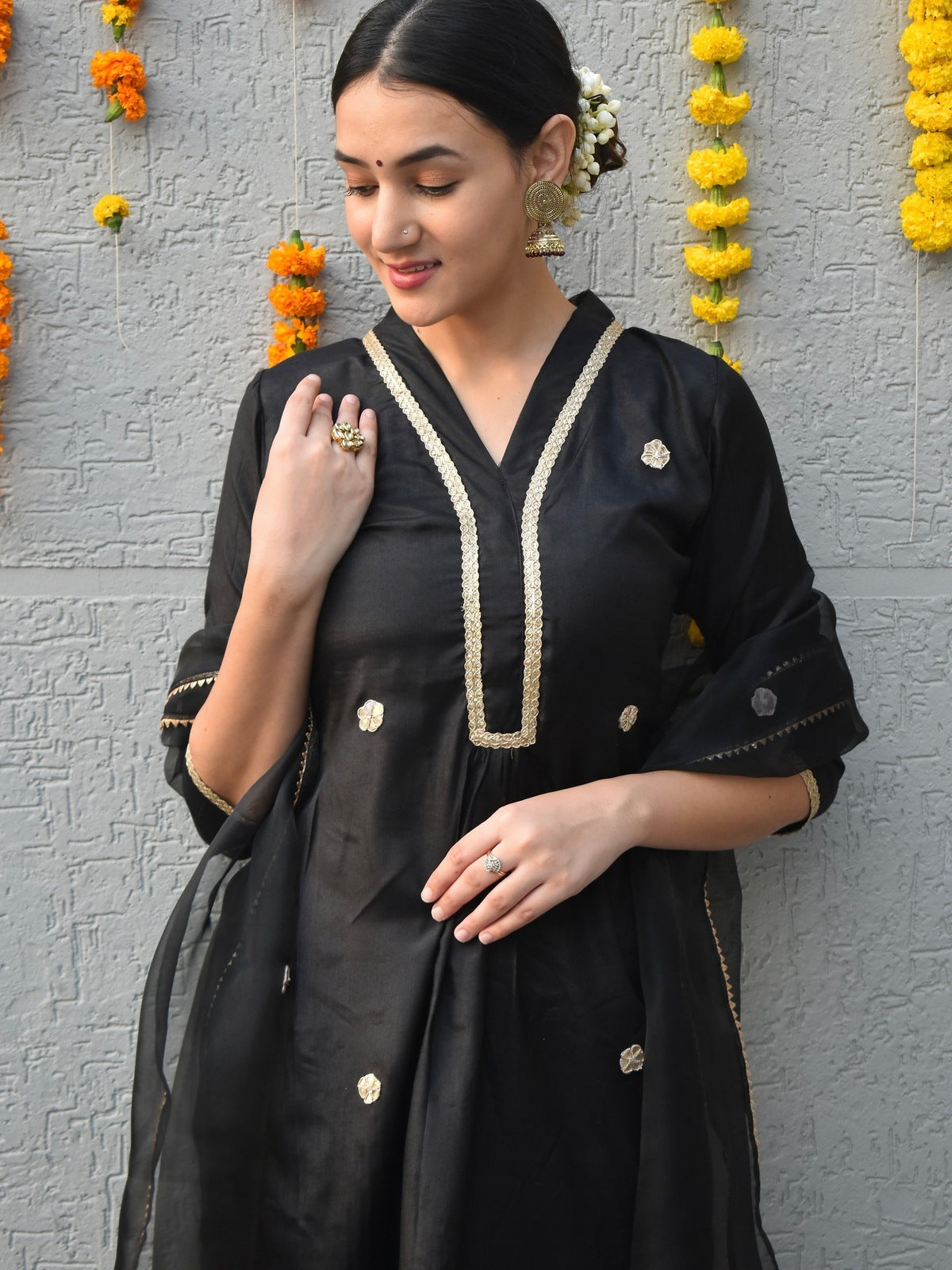 Black Raw Silk Suit Set