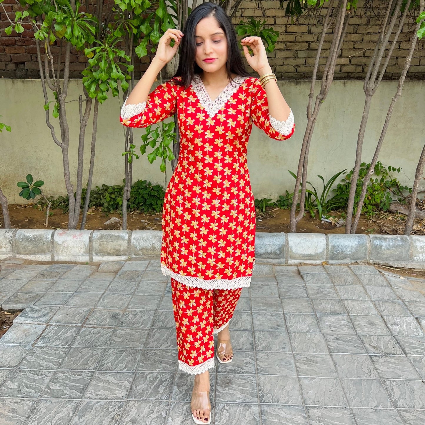 Red Floral Cord Set