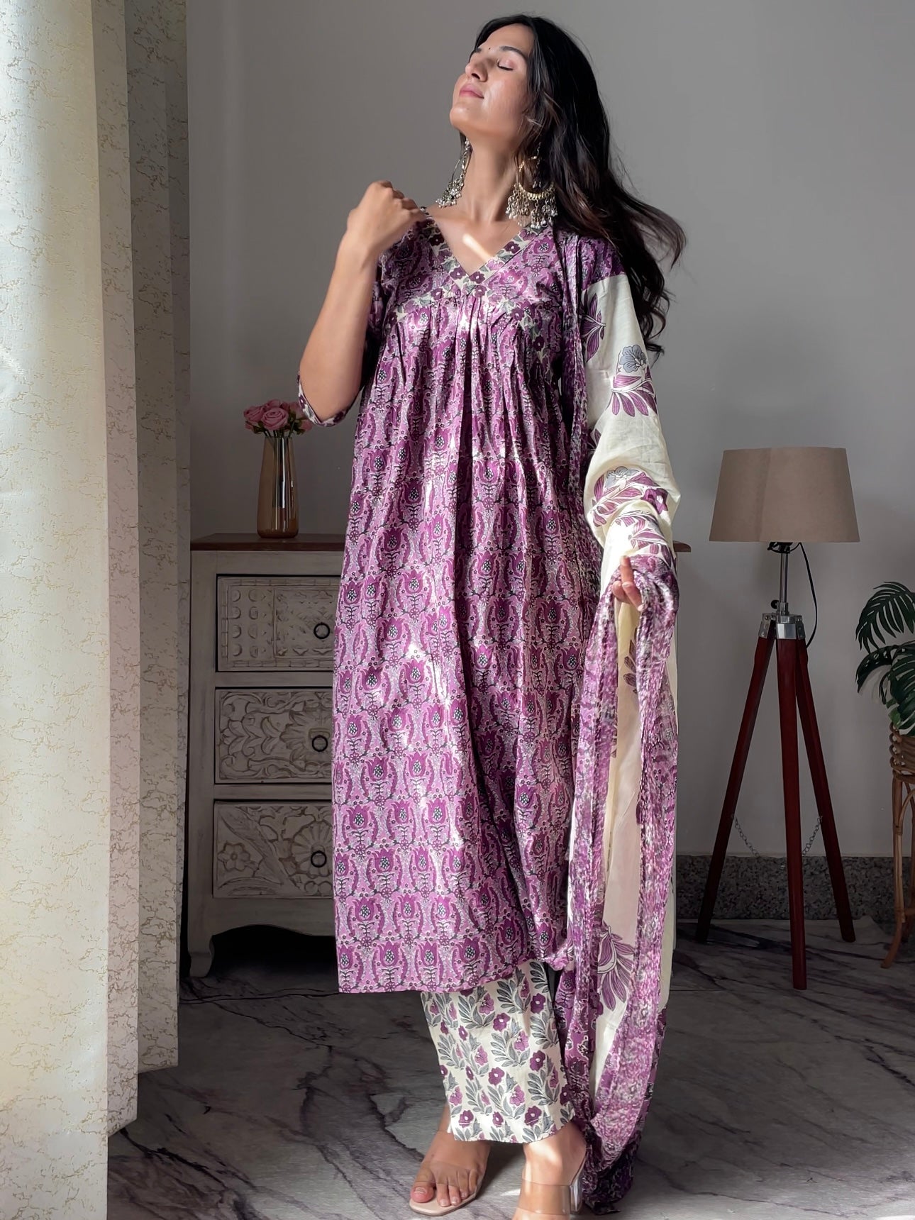 Purple Alia Handblock Suit Set