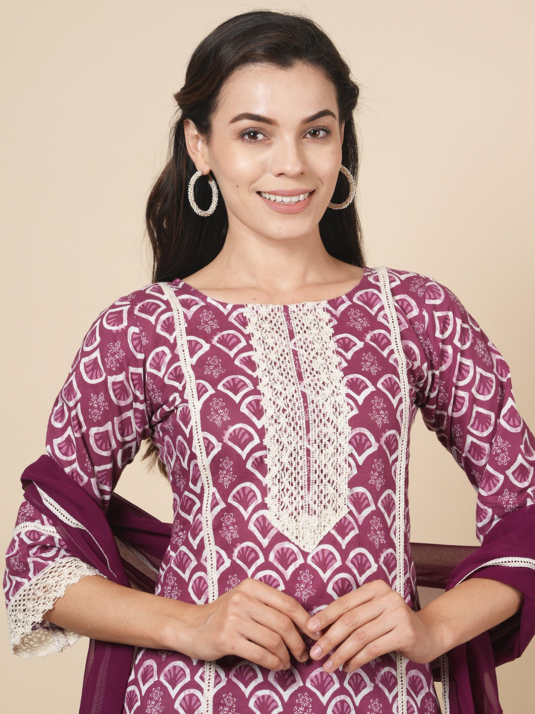 Wine Lace Work Suit Set