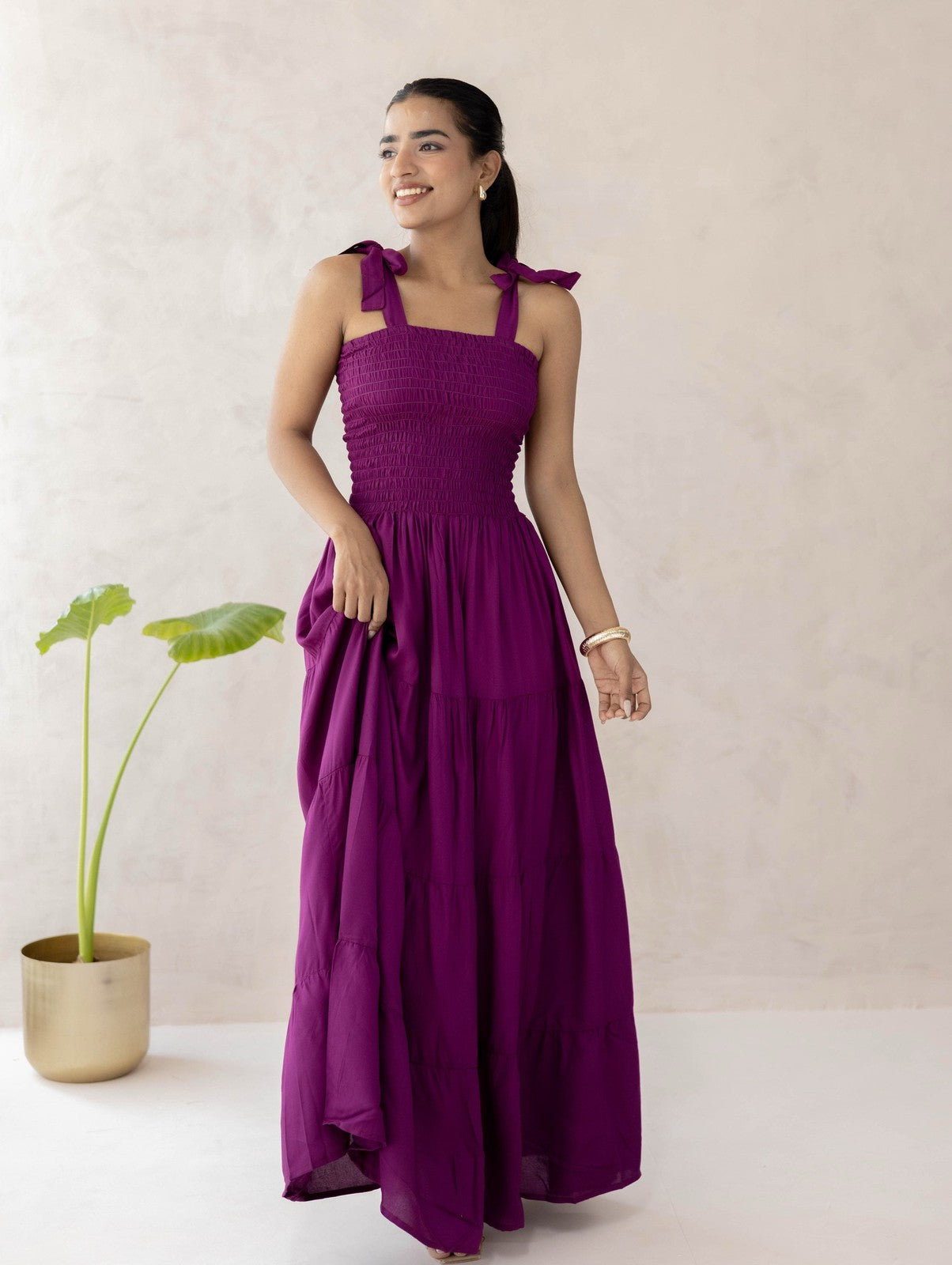 Wine Smocked Tier Dress