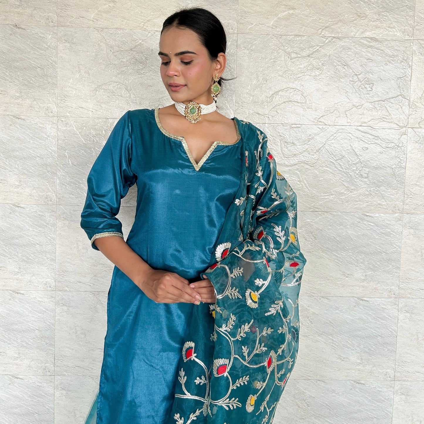 Turquoise Silk Suit Set