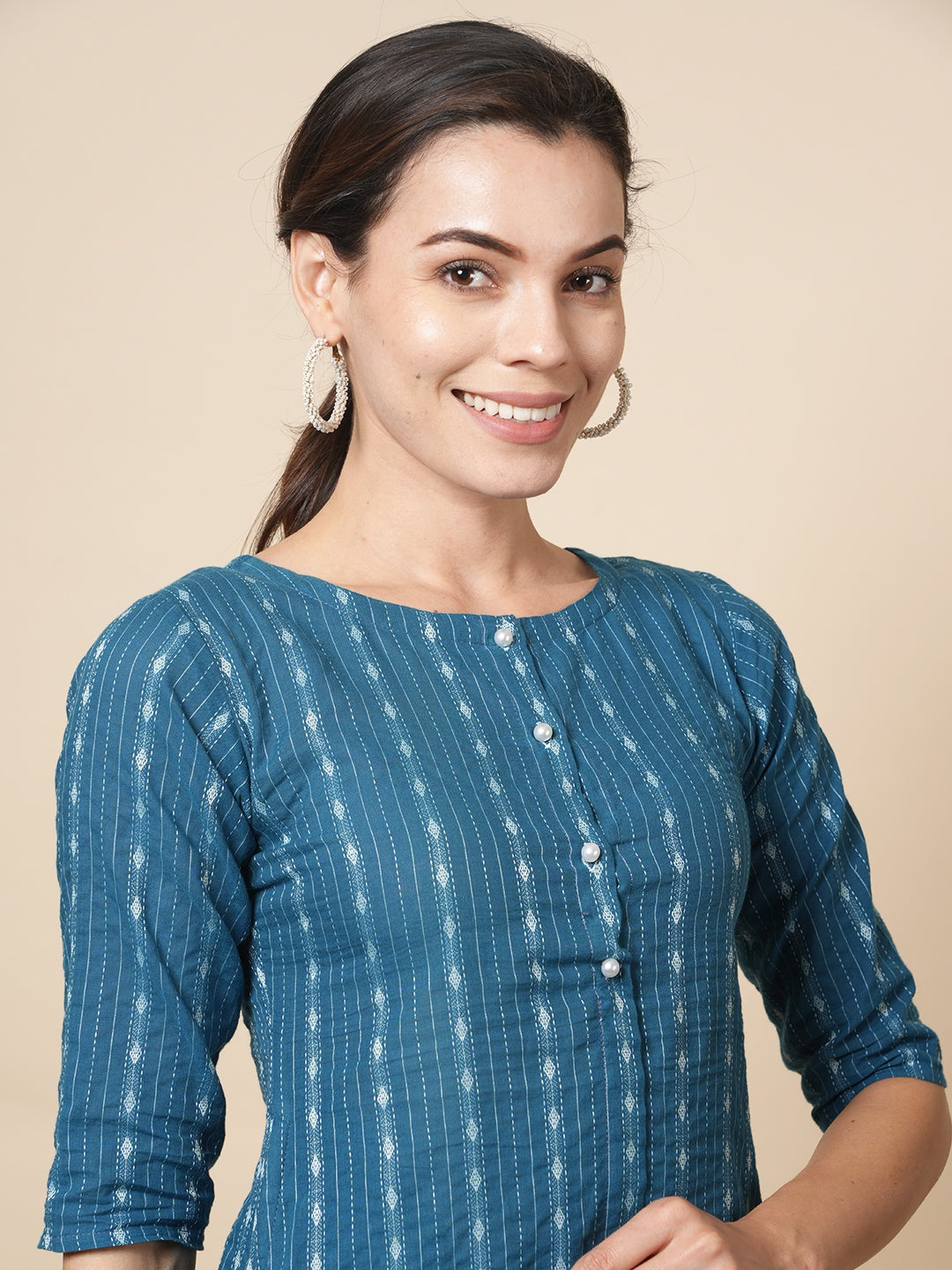 Turquoise Kantha Kurta Set