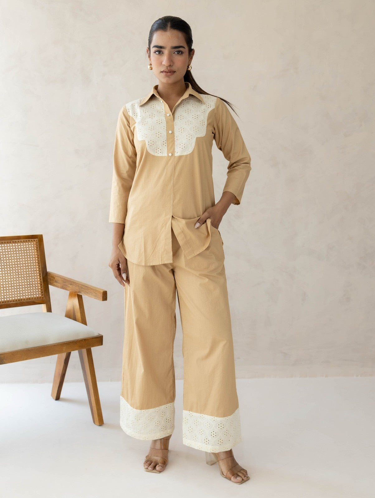 Beige Schiffli Cord Set