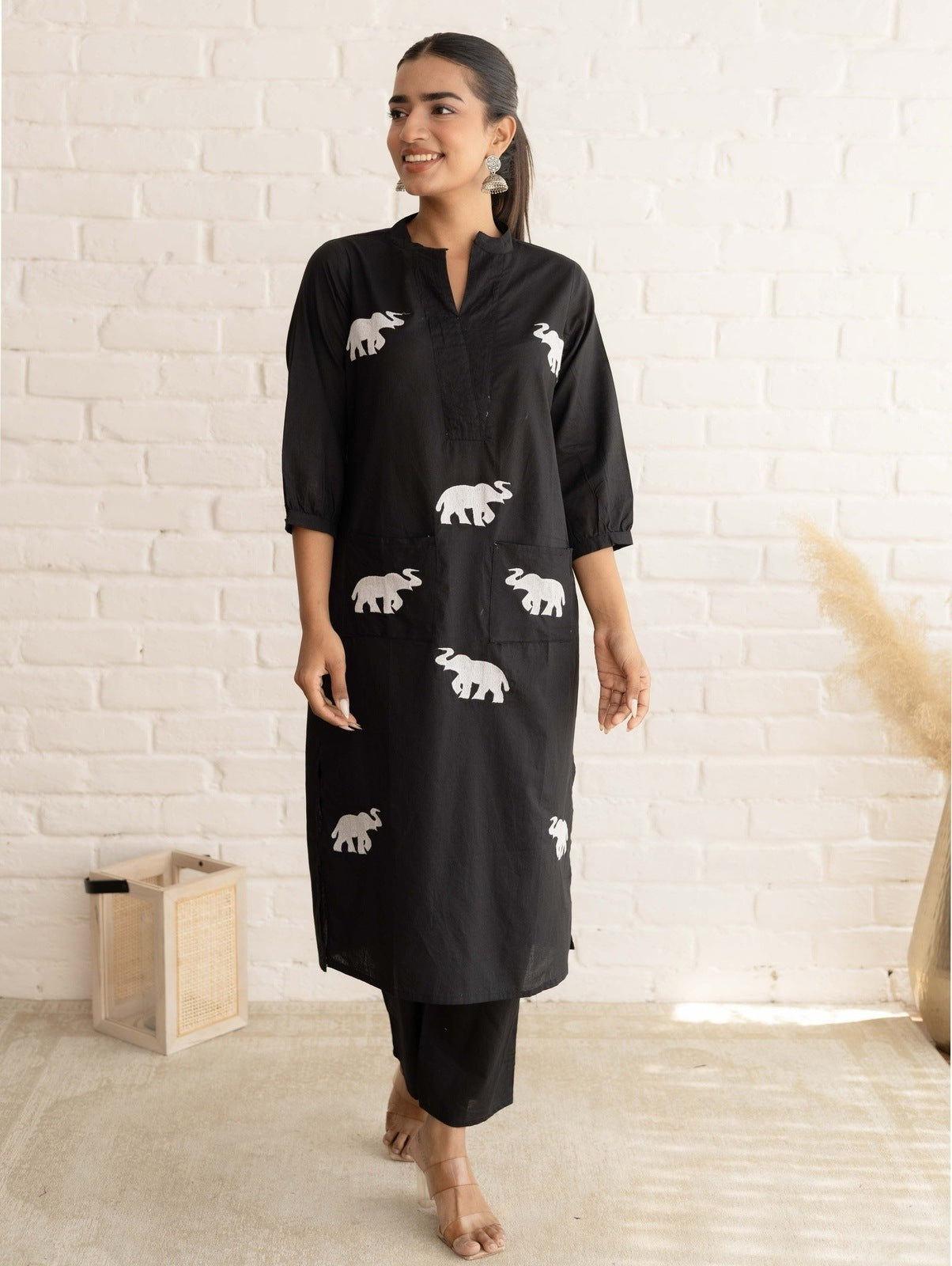Black Hathi Embroidered Kurta Set