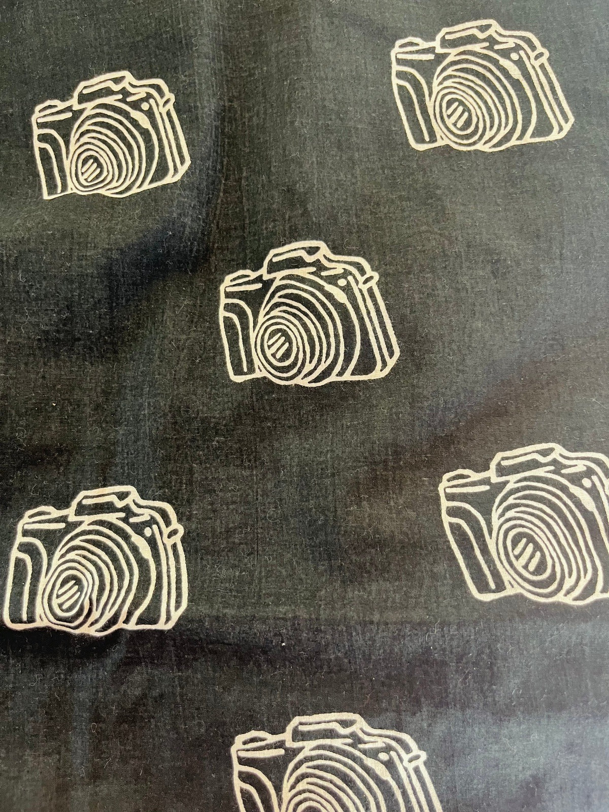 Black Handblock Camera Printed Fabric