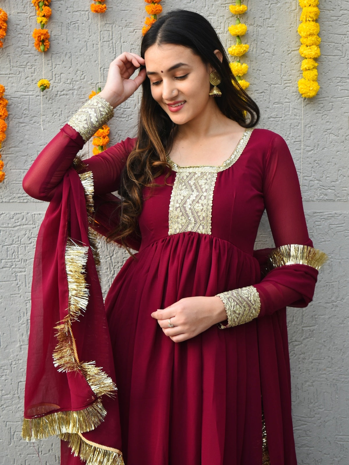 Wine Georgette Suit Set