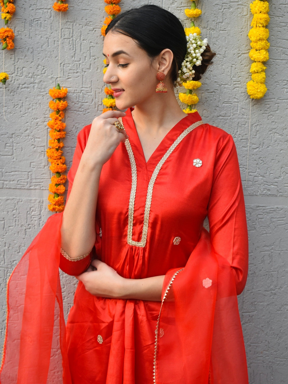 Red Raw Silk Suit Set