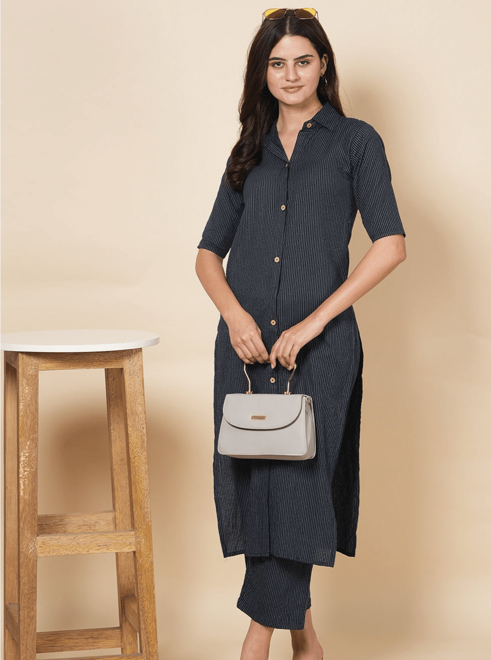 Blue Kantha Embroidered Kurta Set