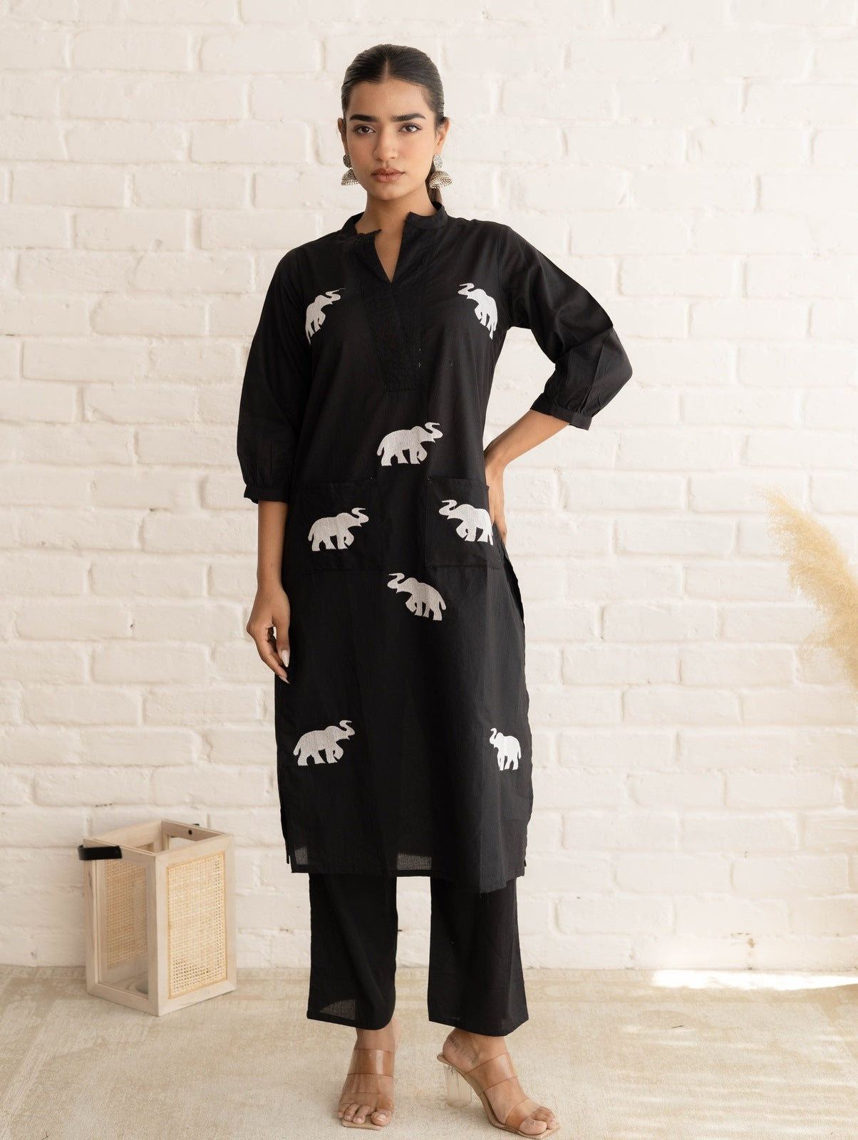 Black Hathi Embroidered Kurta Set