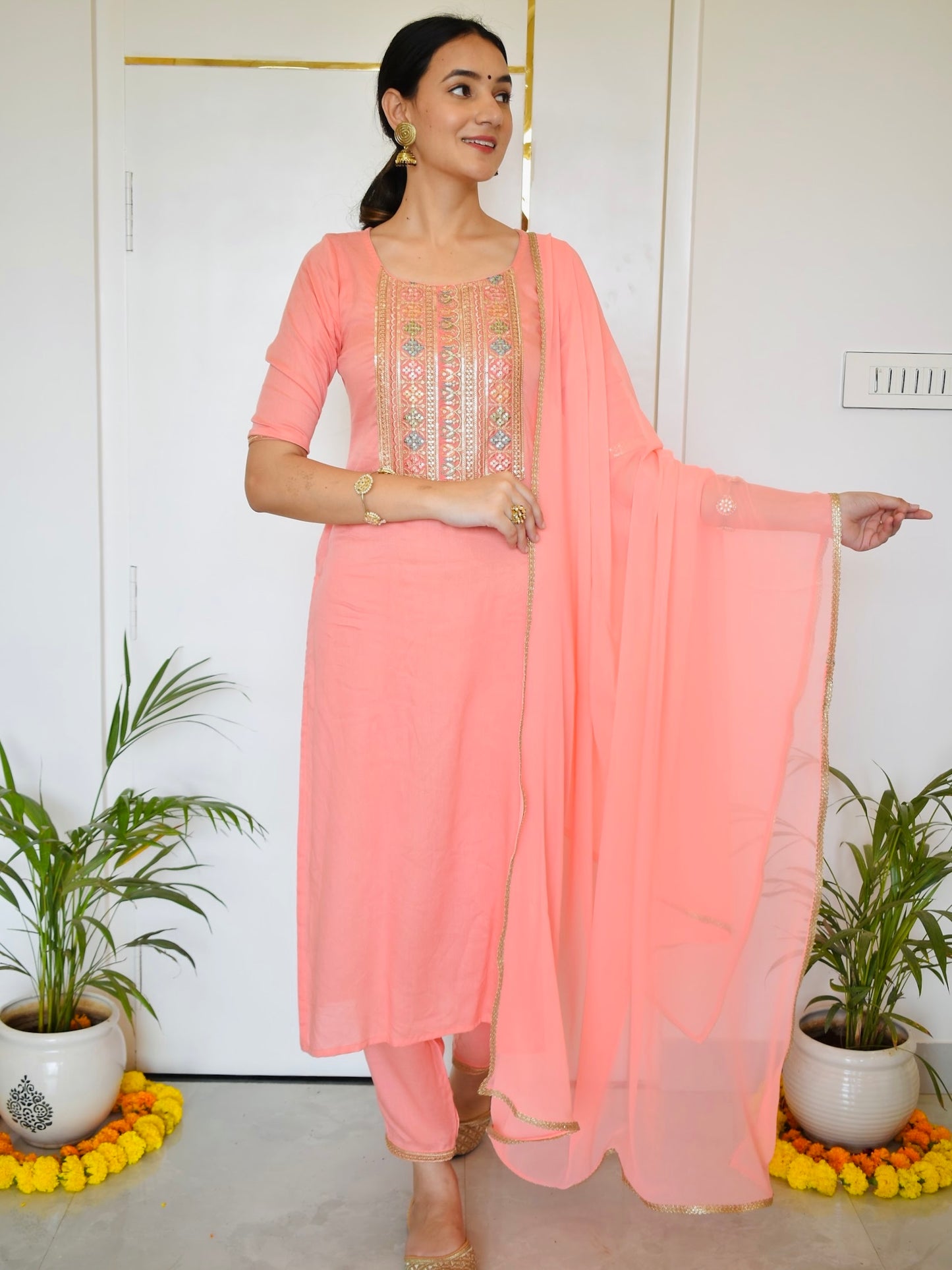 Peach Embroidered Suit Set