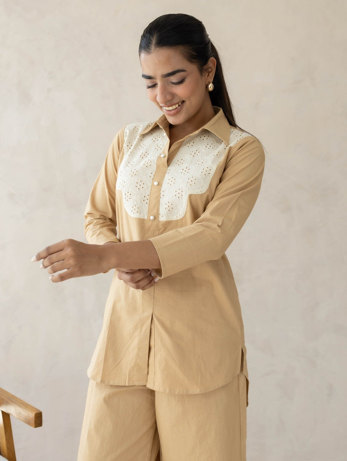 Beige Schiffli Cord Set