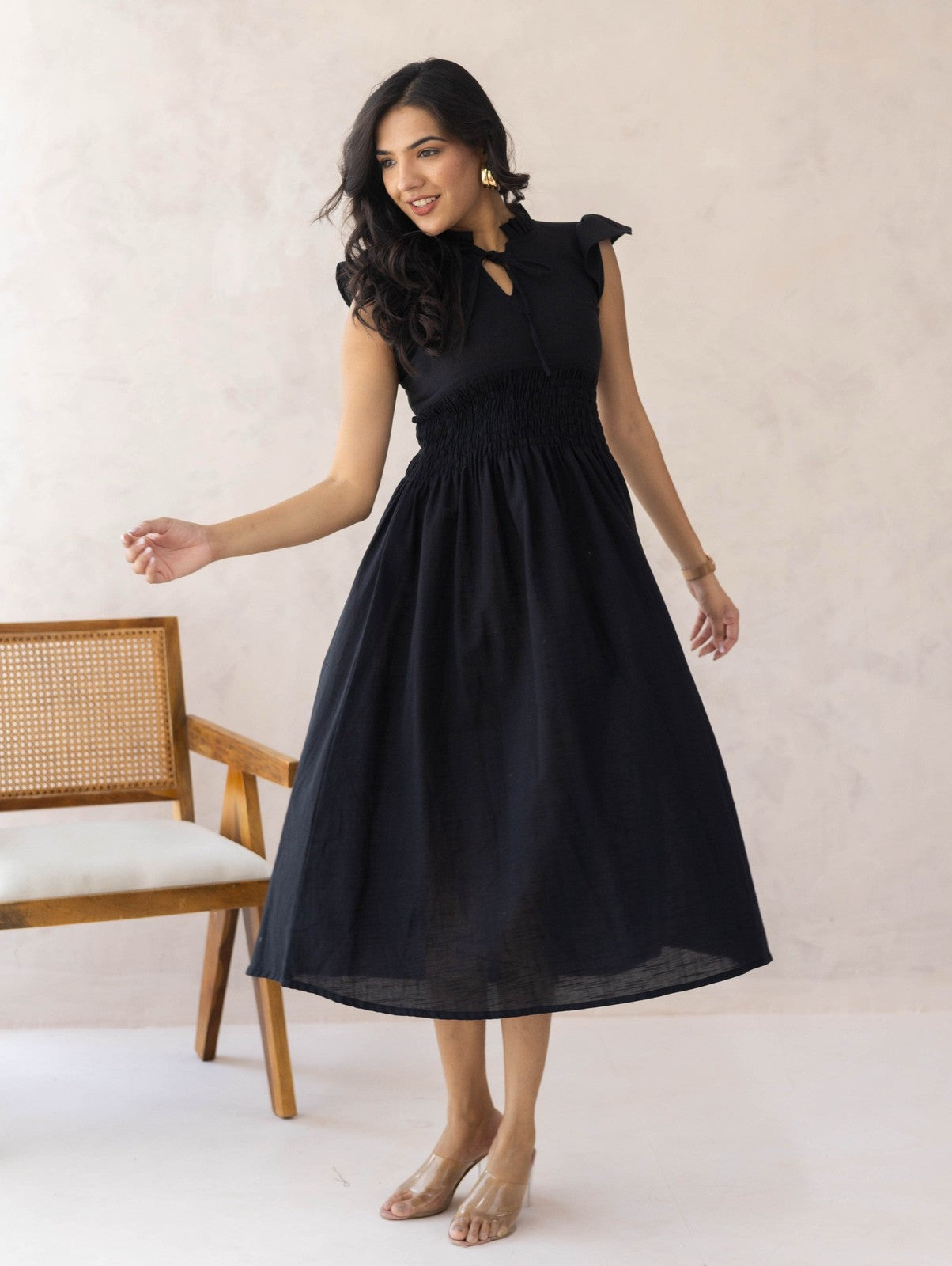 Black Linen Smocked Dress