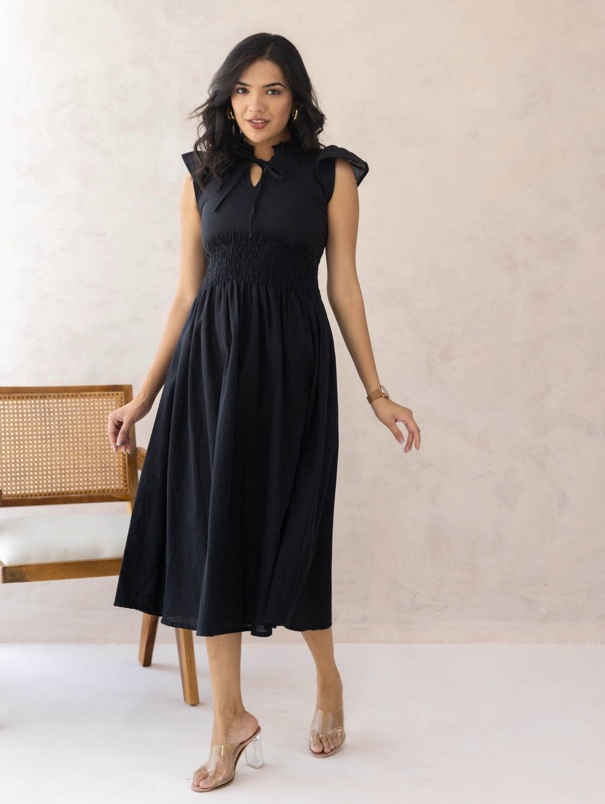 Black Linen Smocked Dress