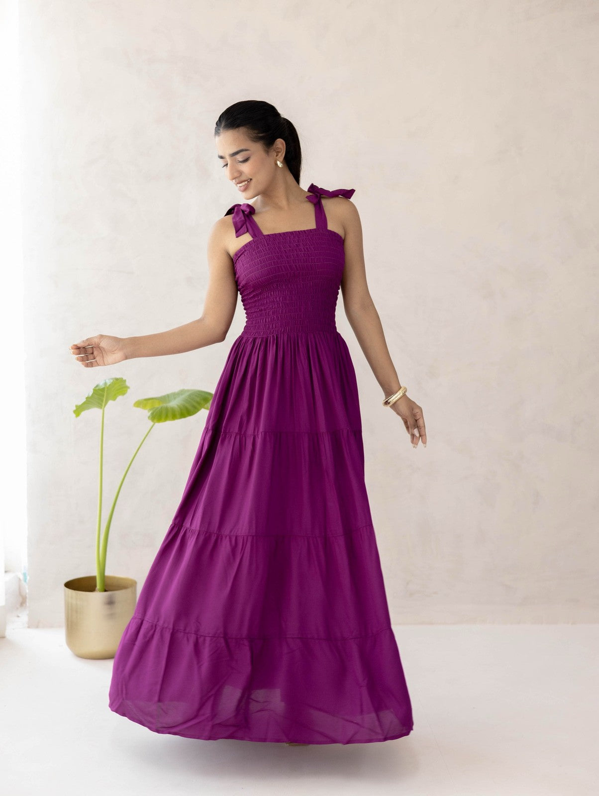 Wine Smocked Tier Dress