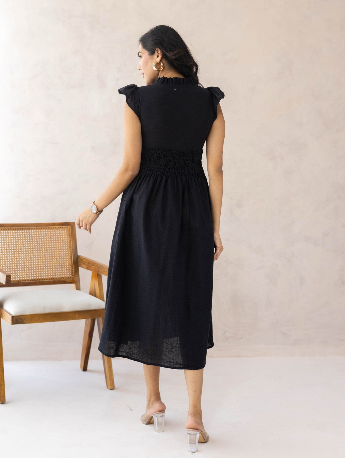 Black Linen Smocked Dress