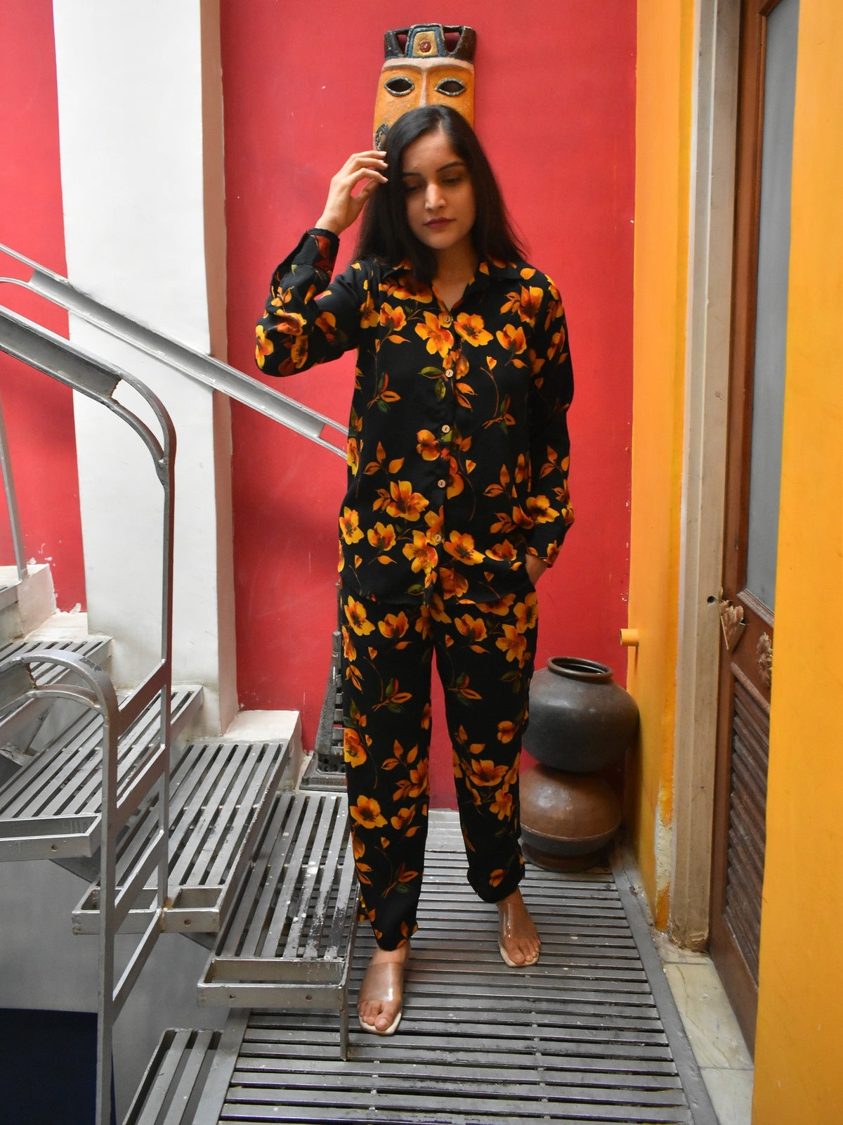 Black Floral Crepe Cord Set