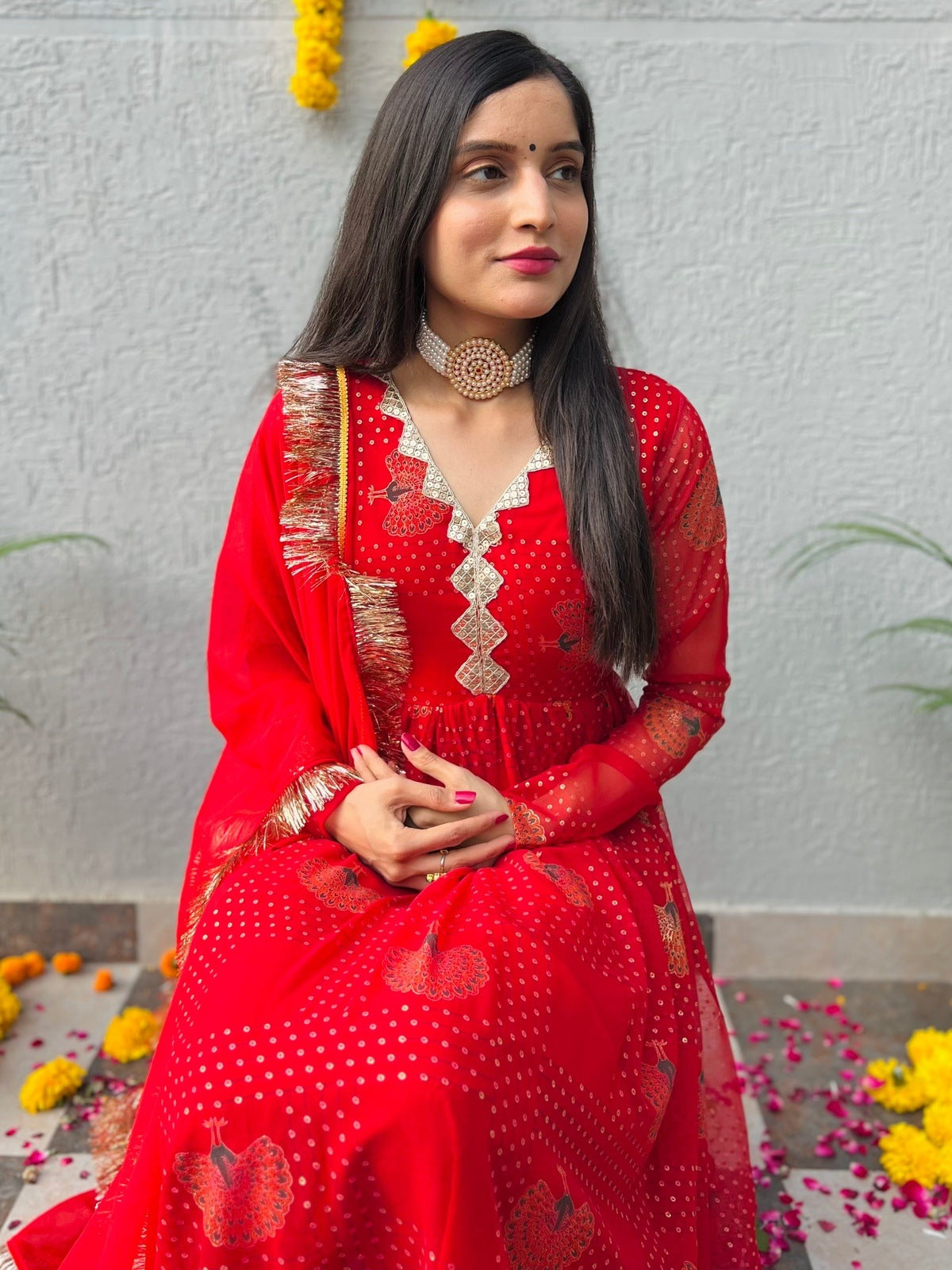 Red Peacock Georgette Suit Set