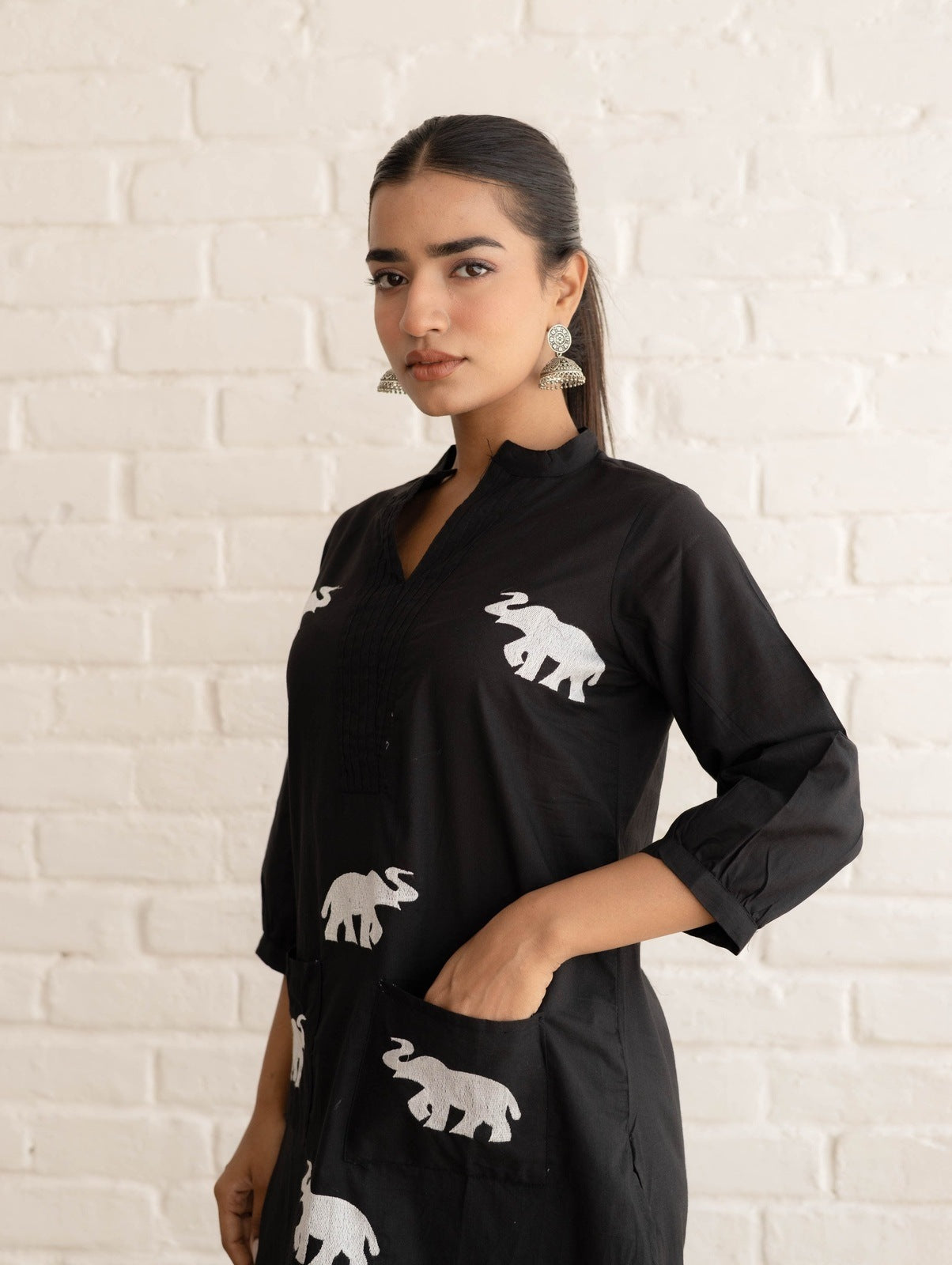 Black Hathi Embroidered Kurta Set