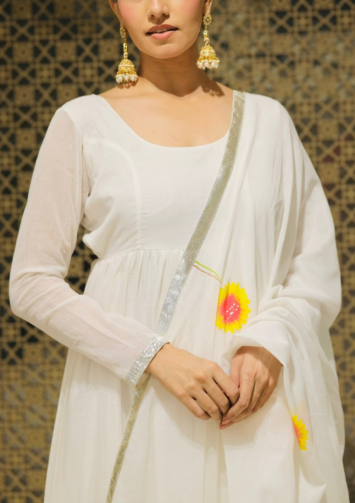 White Mulmul Handpainted Anarkali Suit Set