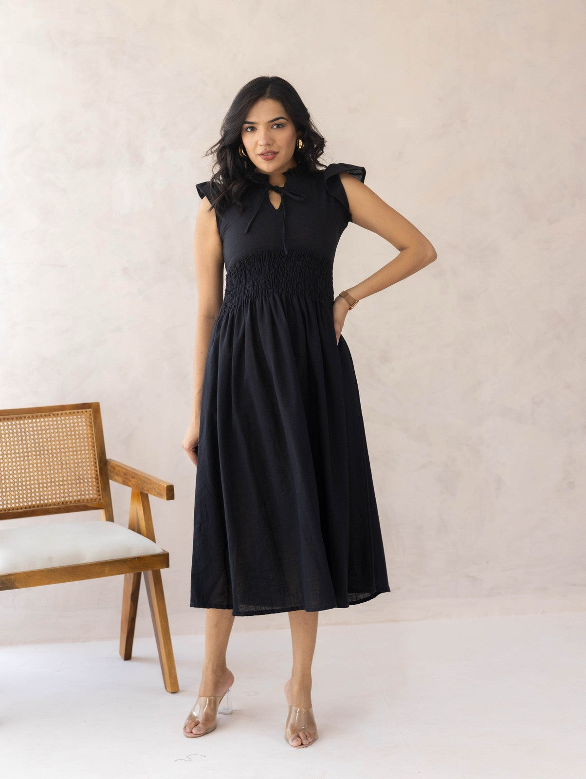 Black Linen Smocked Dress