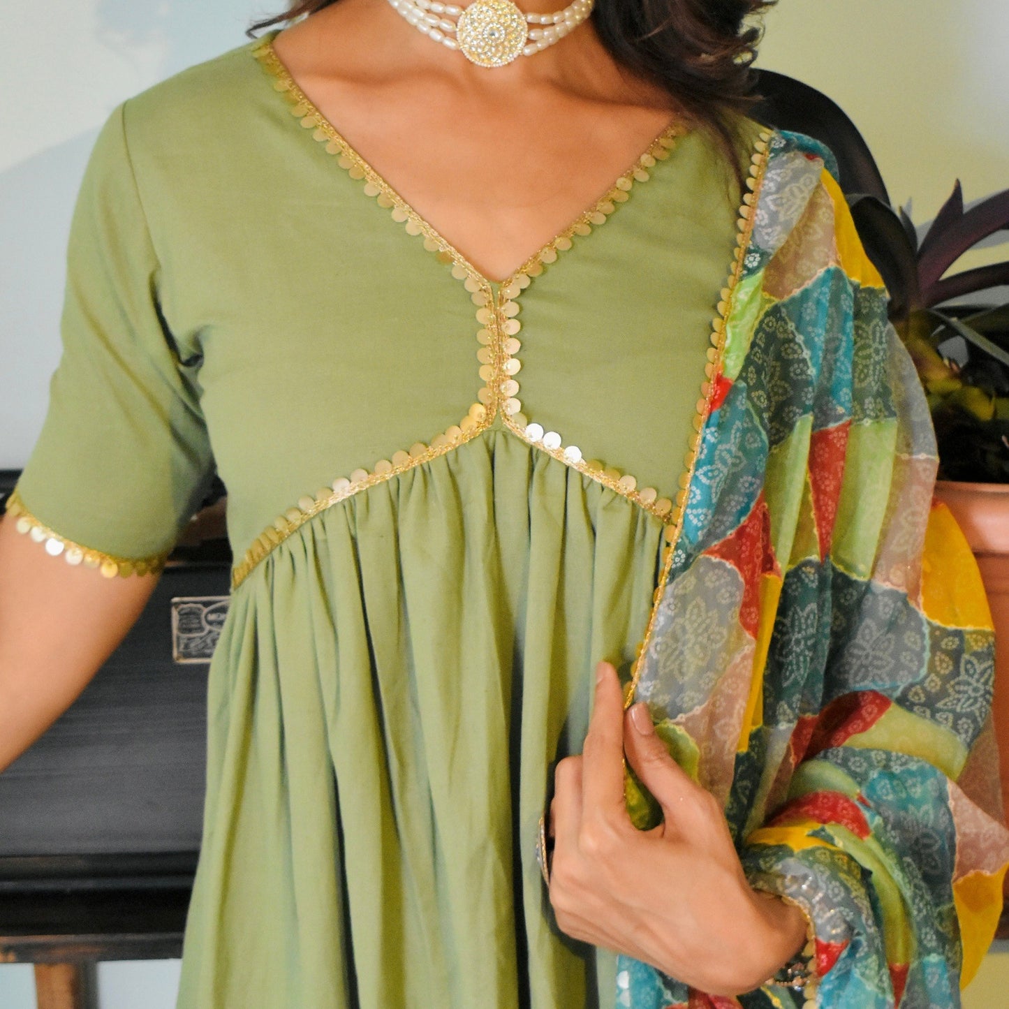 Green Bandhani Foil Suit Set