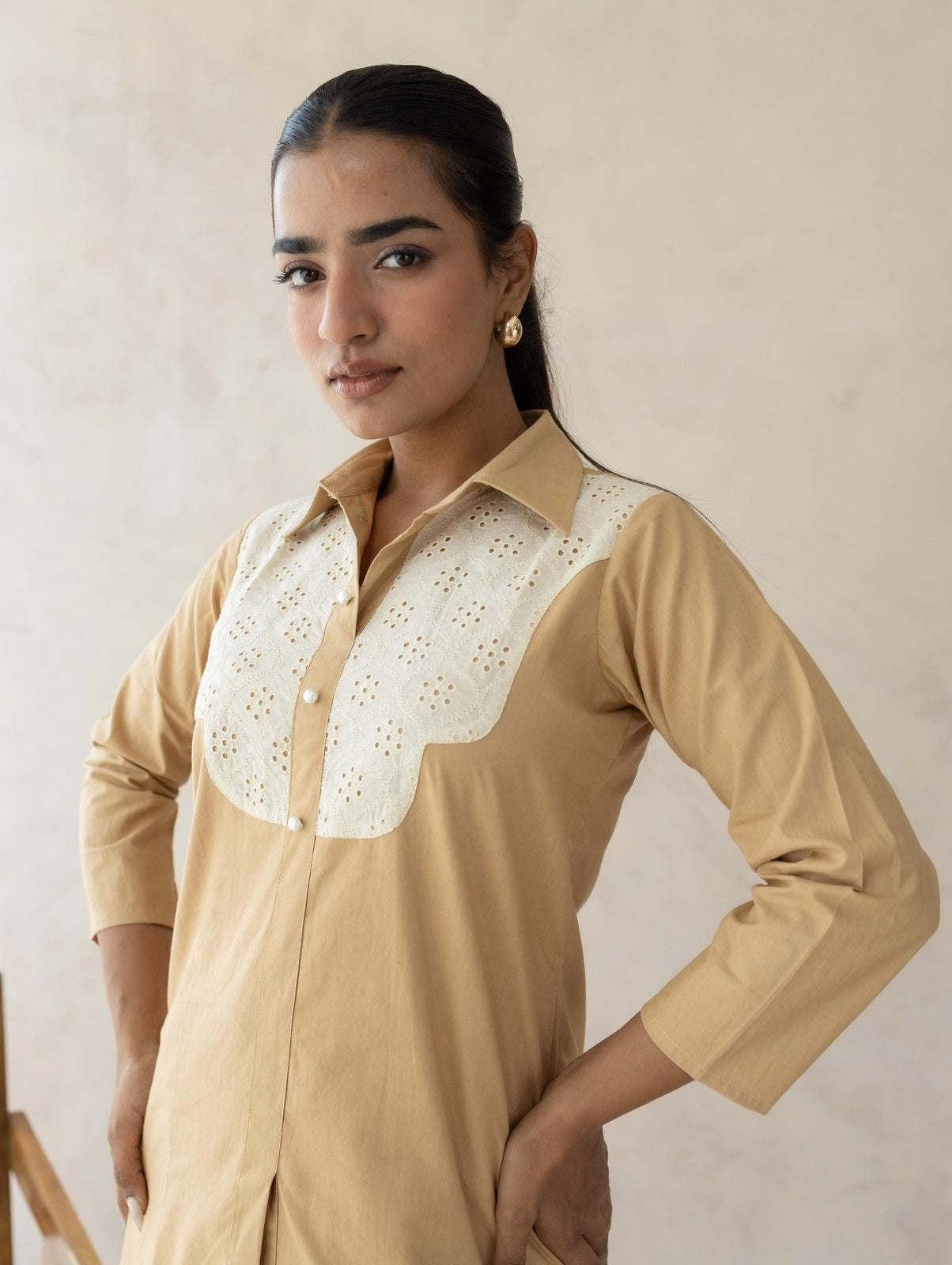 Beige Schiffli Cord Set