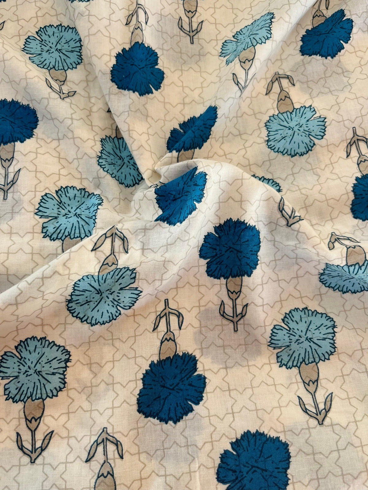 Off White Indigo Mugal Butti Organic Cotton Fabric