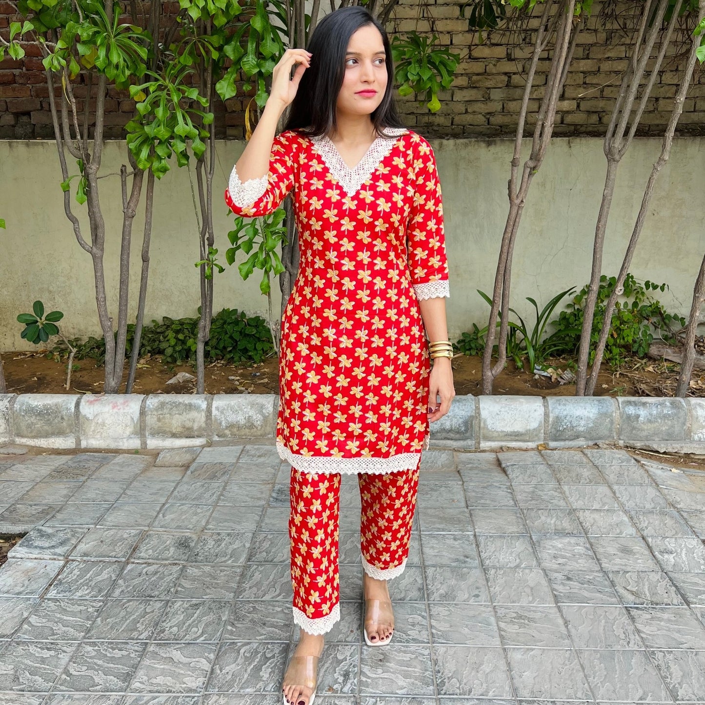 Red Floral Cord Set