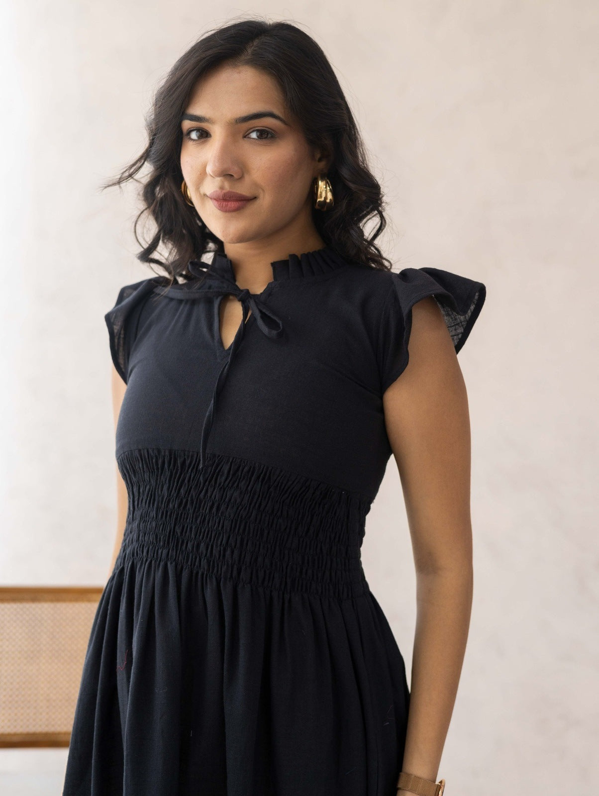 Black Linen Smocked Dress
