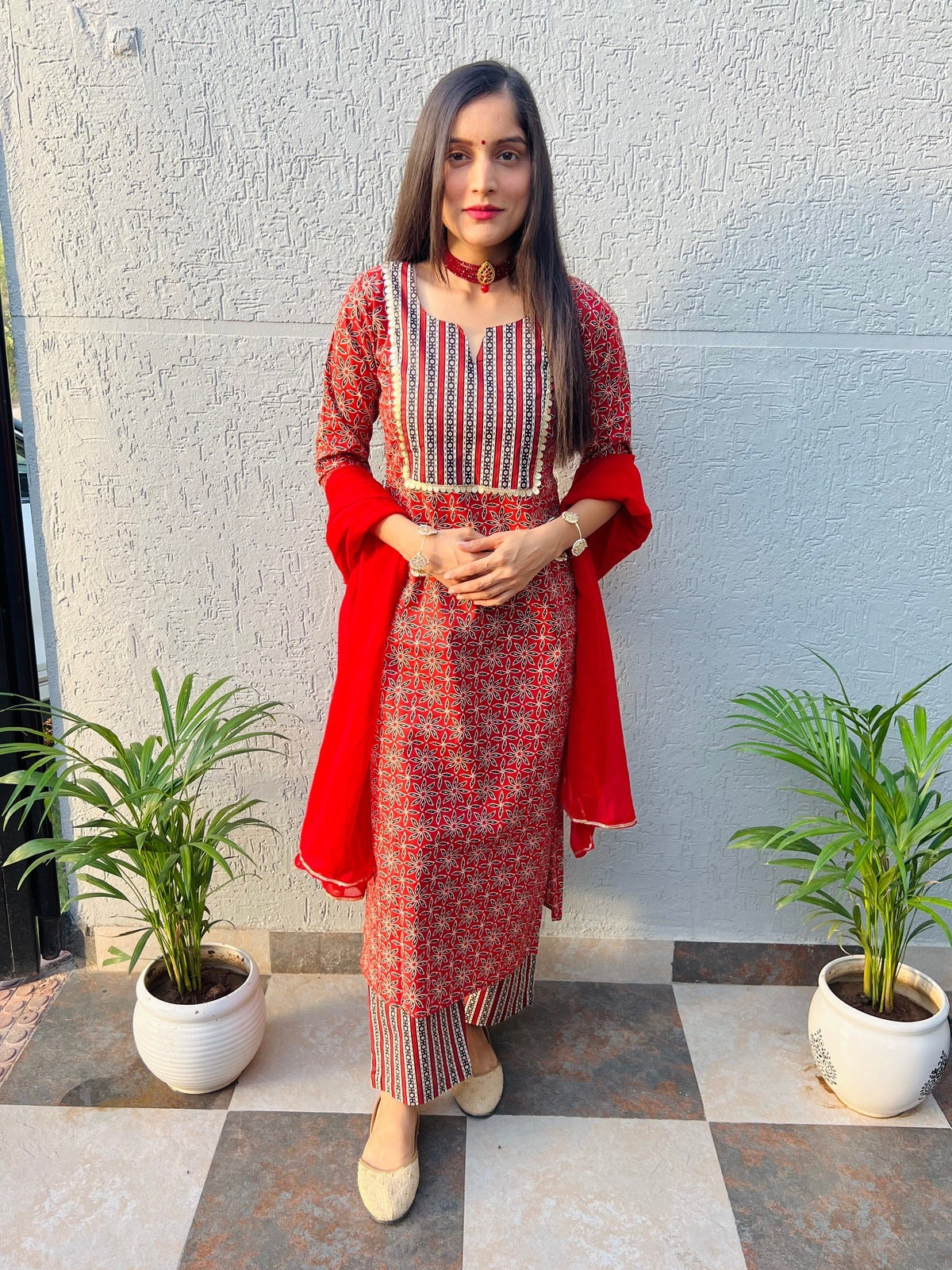 Red Rani Handblock Suit Set