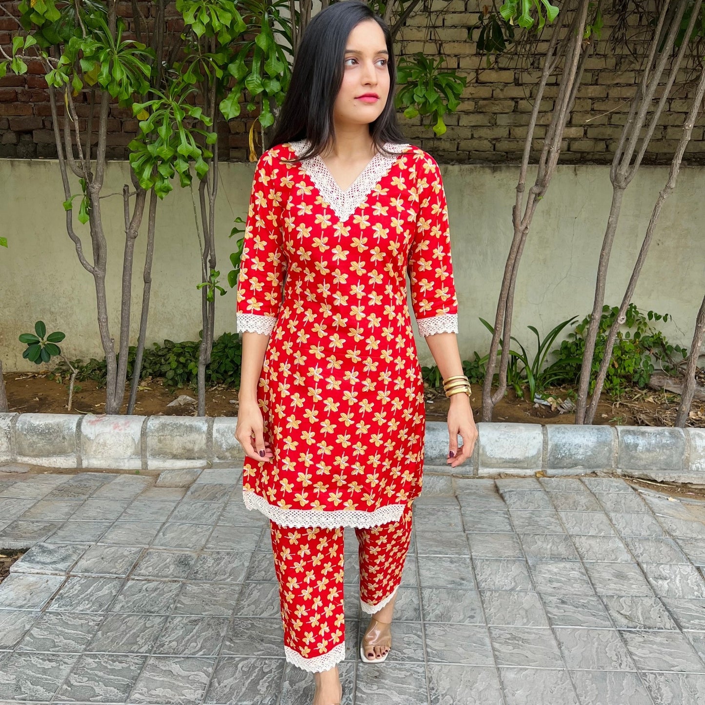 Red Floral Cord Set