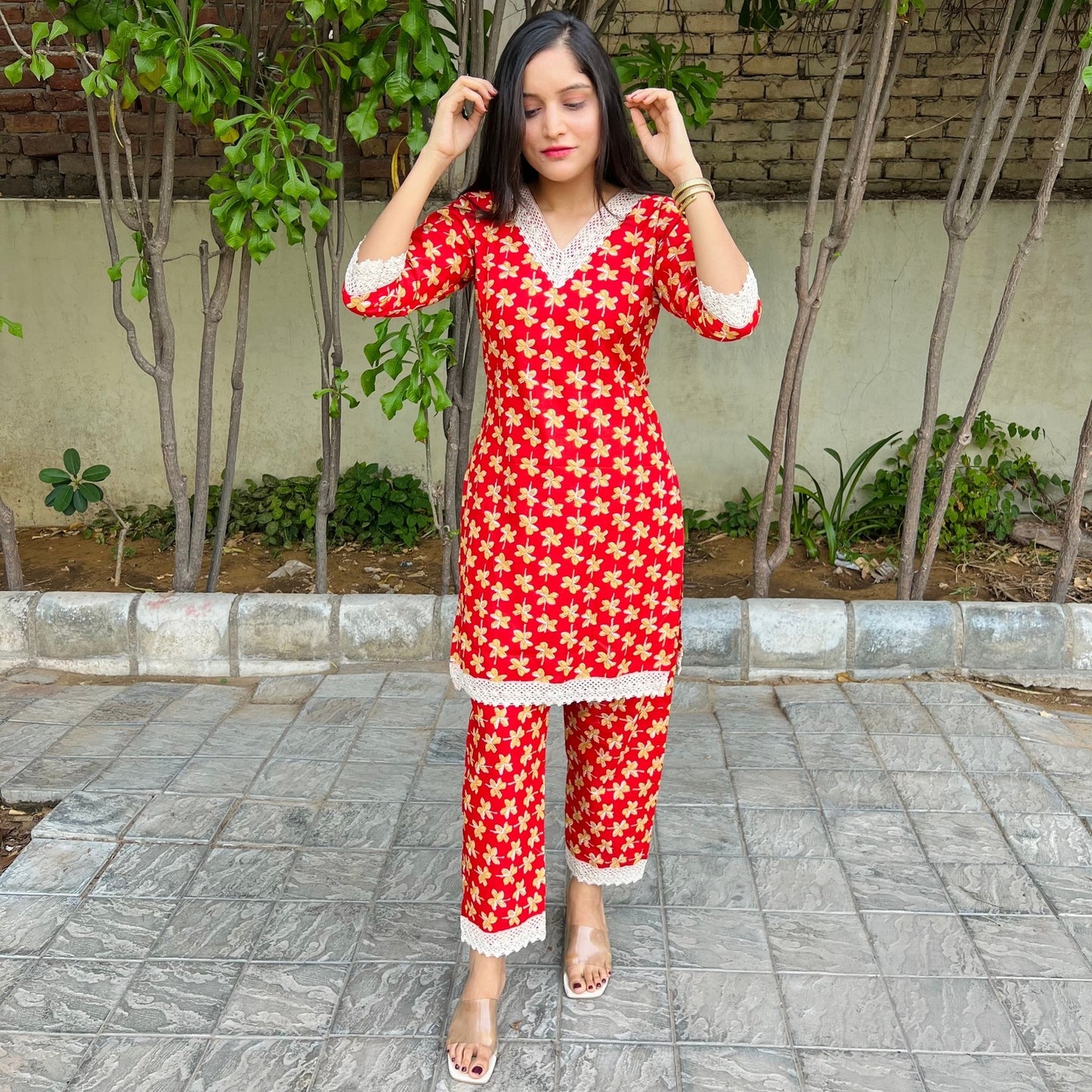 Red Floral Cord Set