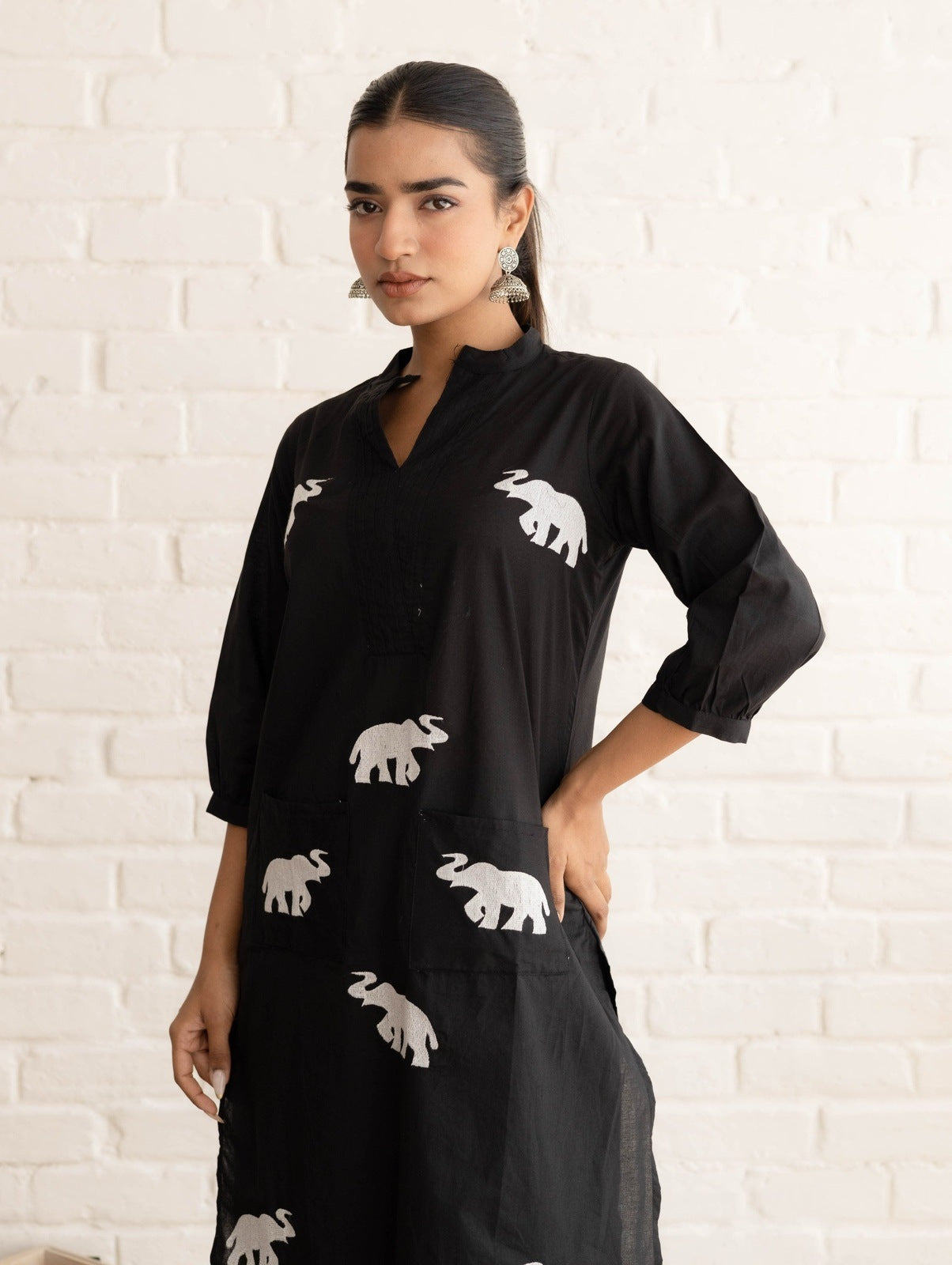 Black Hathi Embroidered Kurta Set