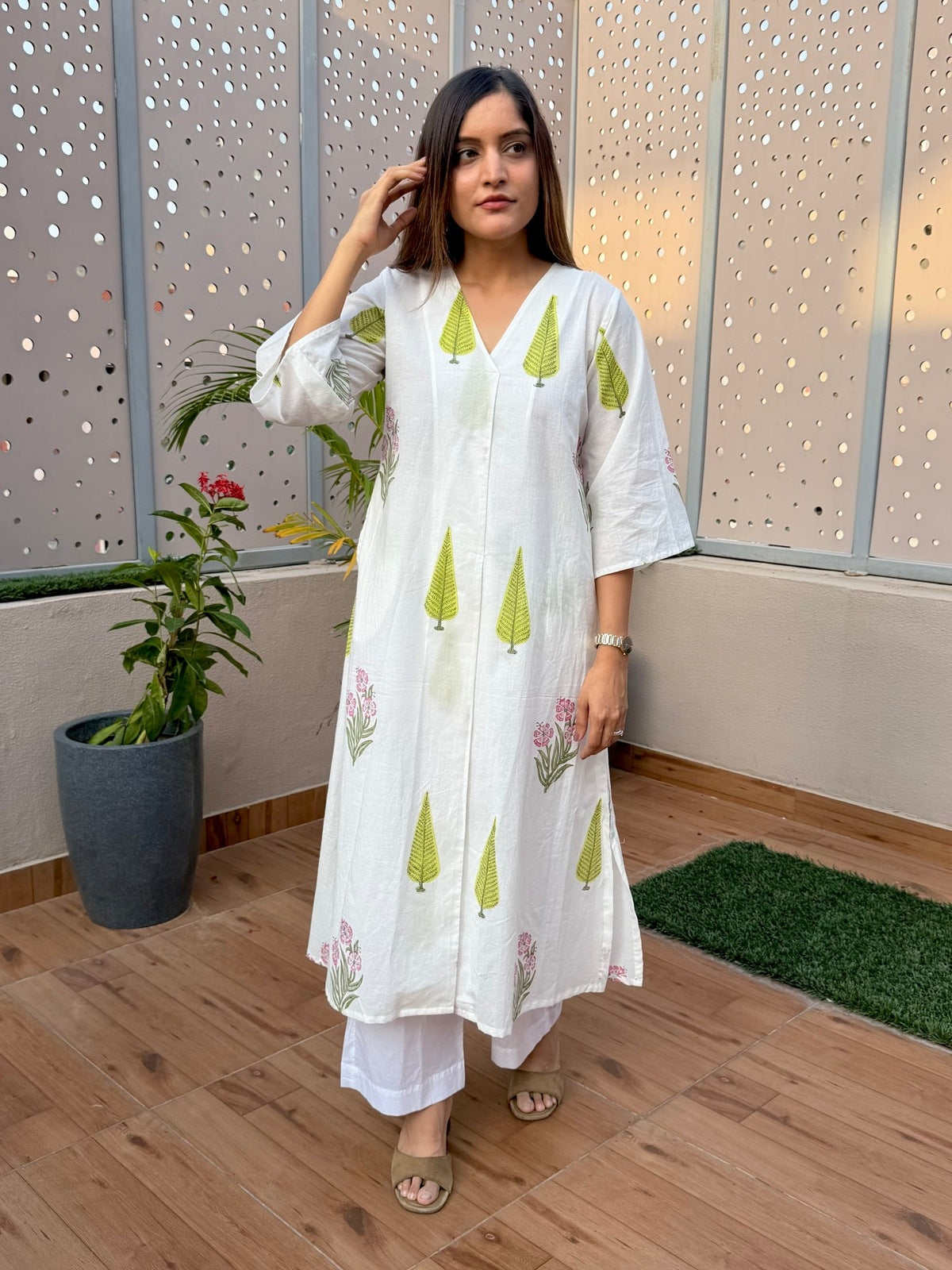 White Handblock Cotton Kurta Set