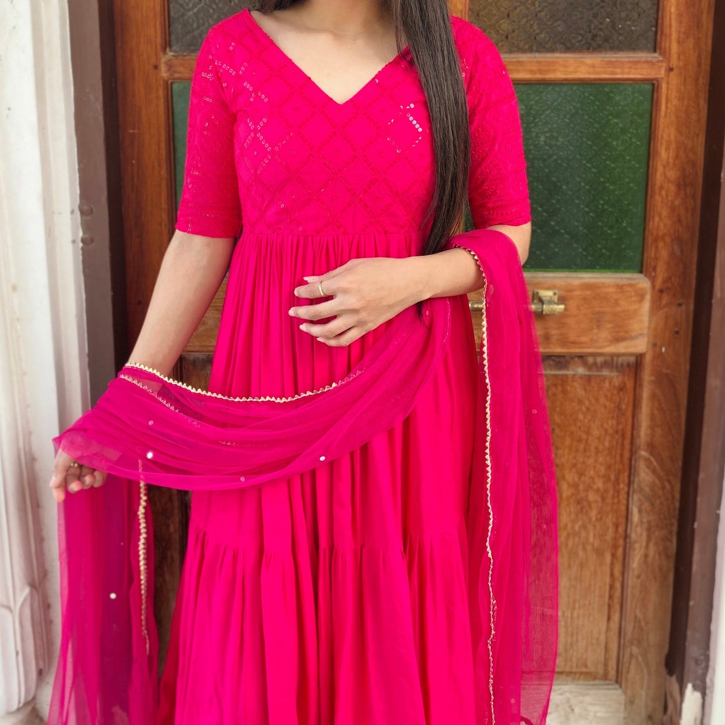 Pink Chikankari Tier Dress With Dupatta
