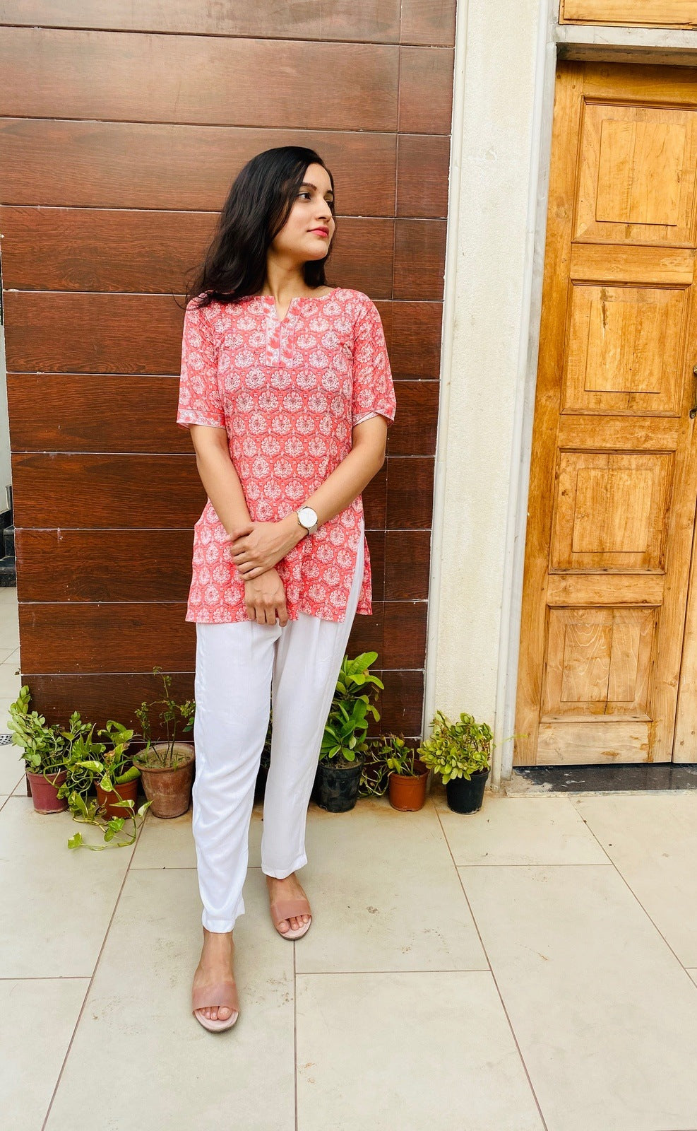 Pink Handblock Floral Kurta Set