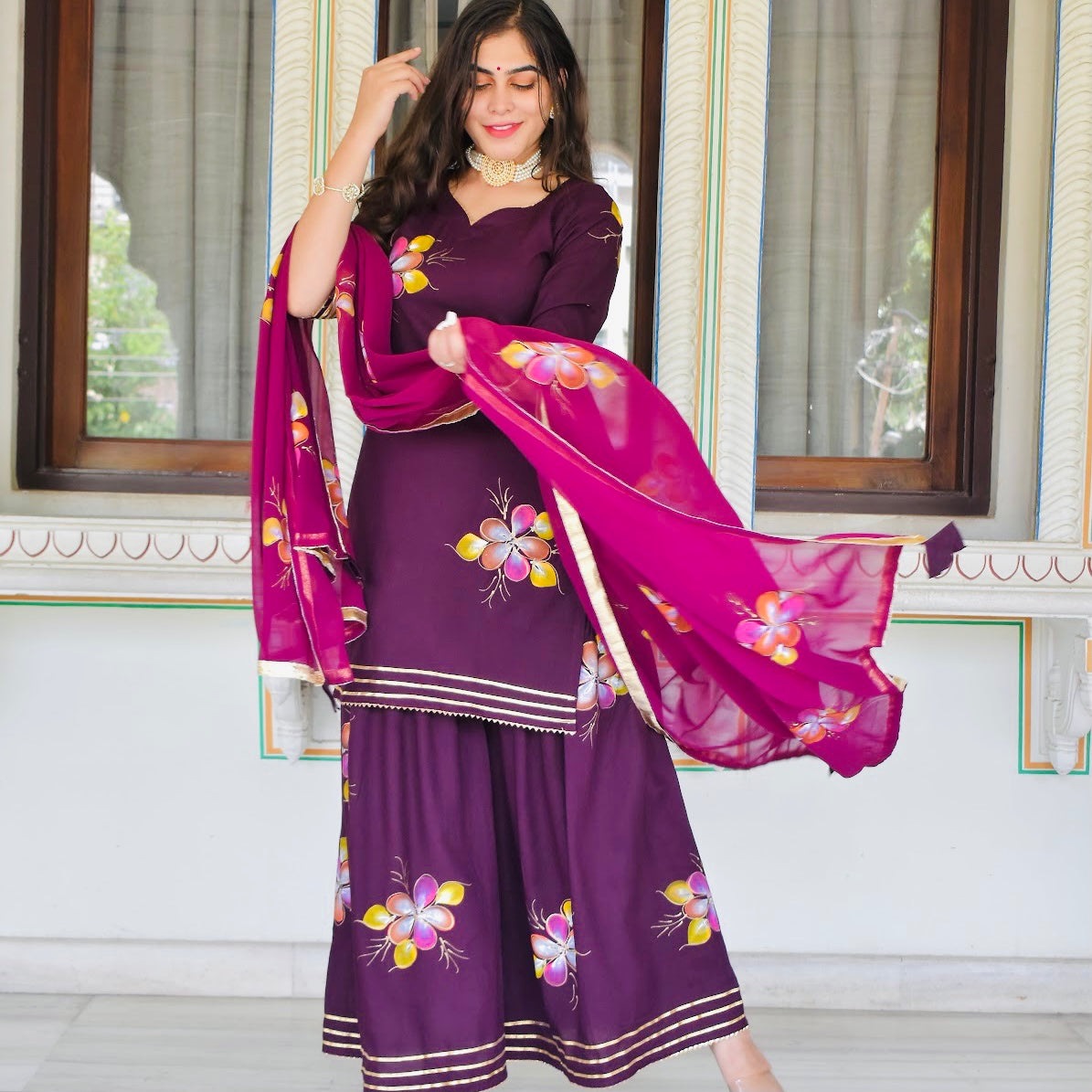 Wine Handpainted Sharara Suit Set