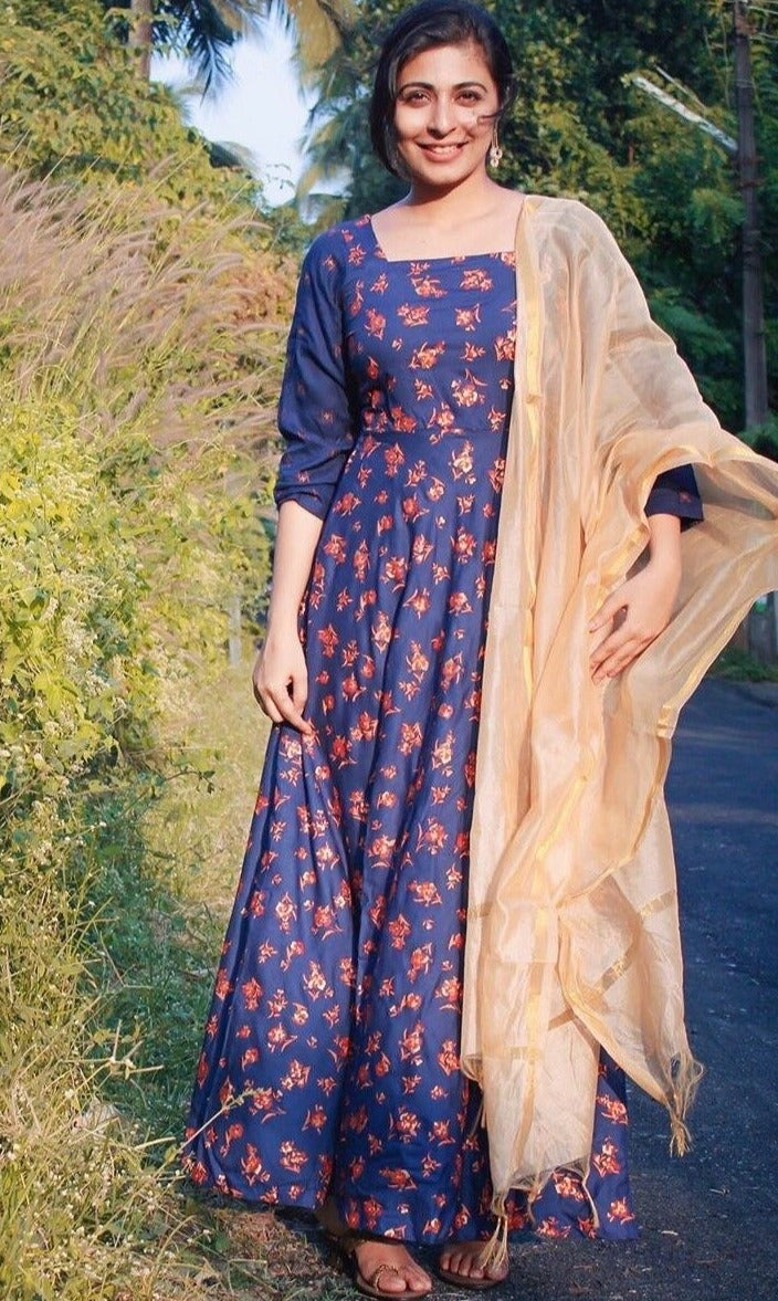 Blue Gold Foil Dress With Dupatta