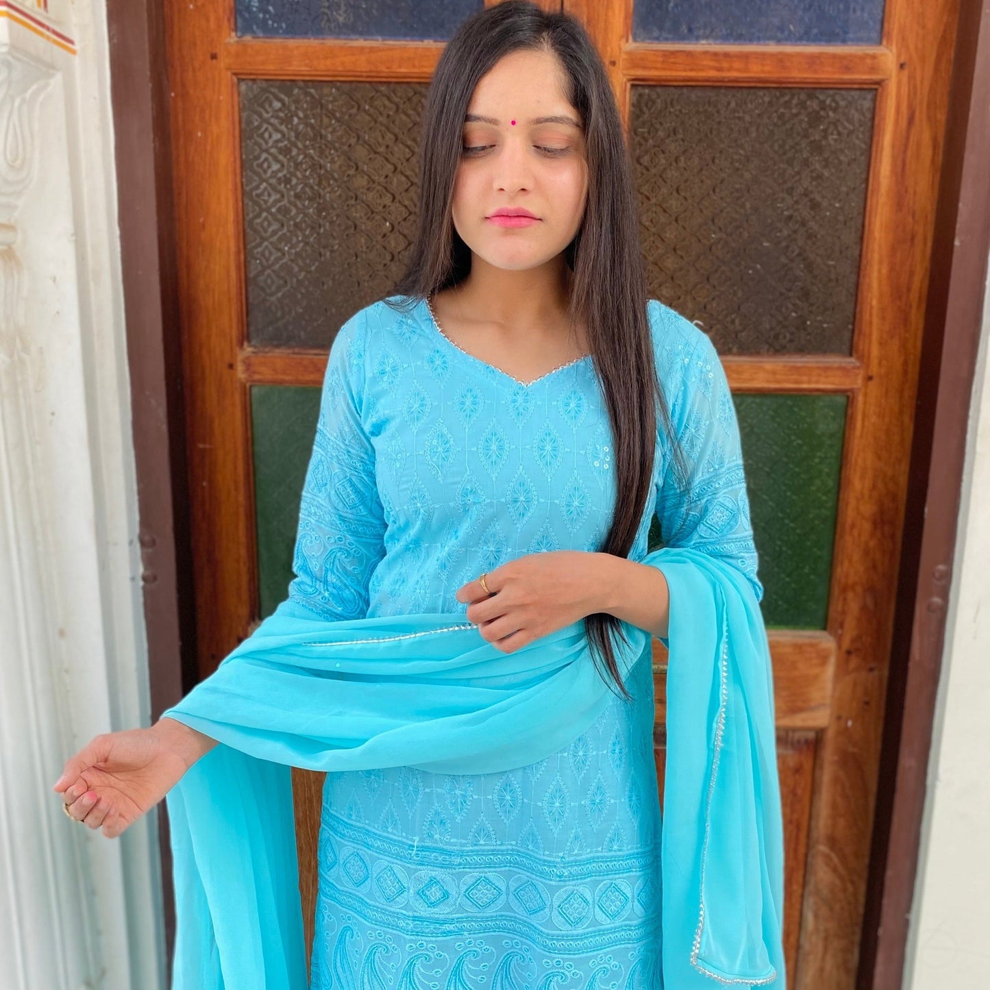 Sky Chikankari Sharara Suit Set