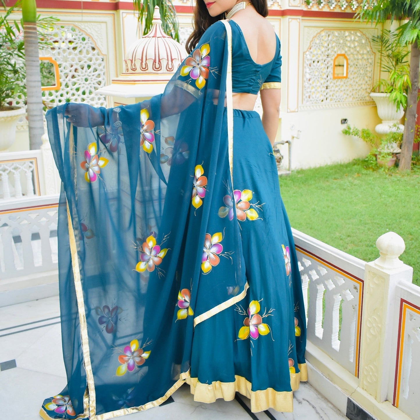 Turquoise Handpainted Lehenga Set