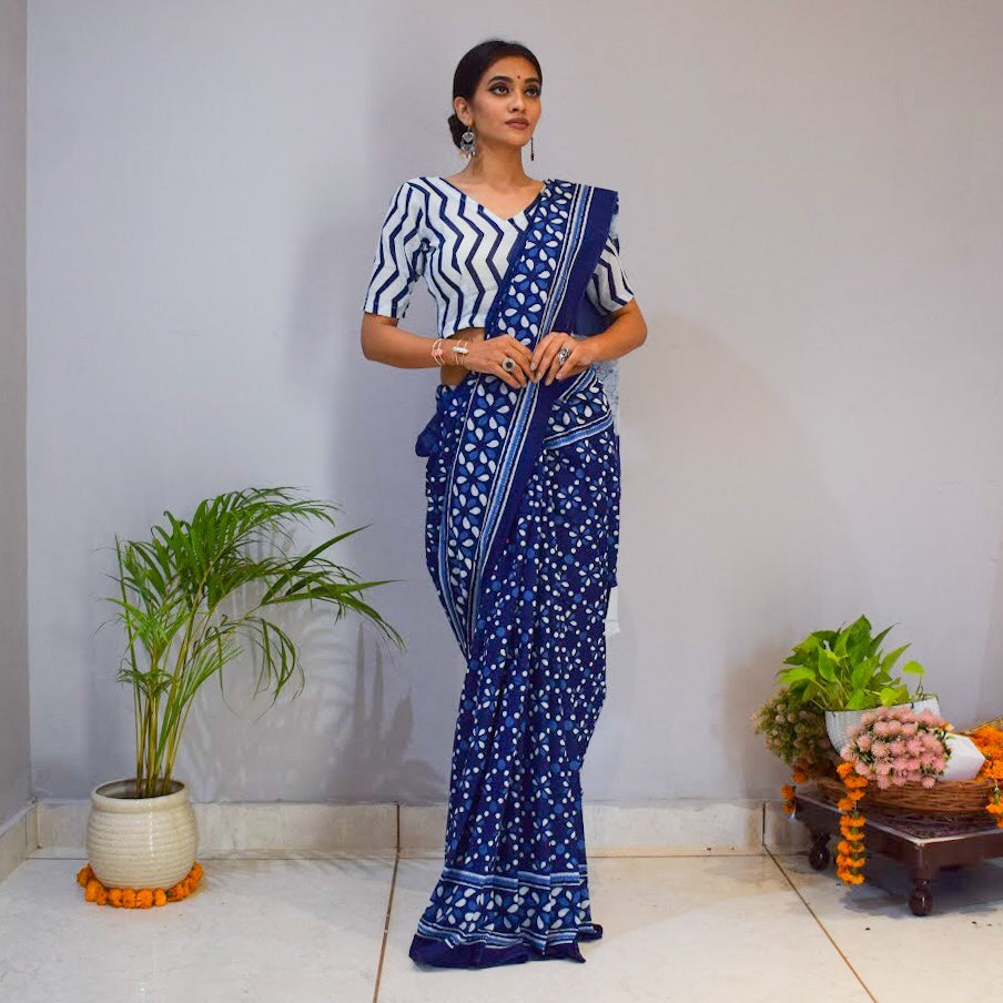 Indigo Zigzag Printed Cotton Saree