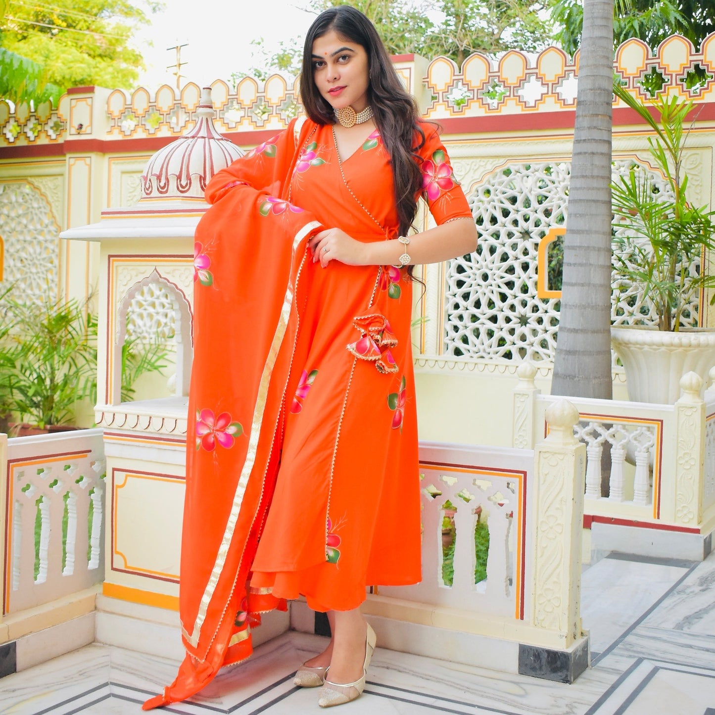 Orange Handpainted Angrakha Suit Set