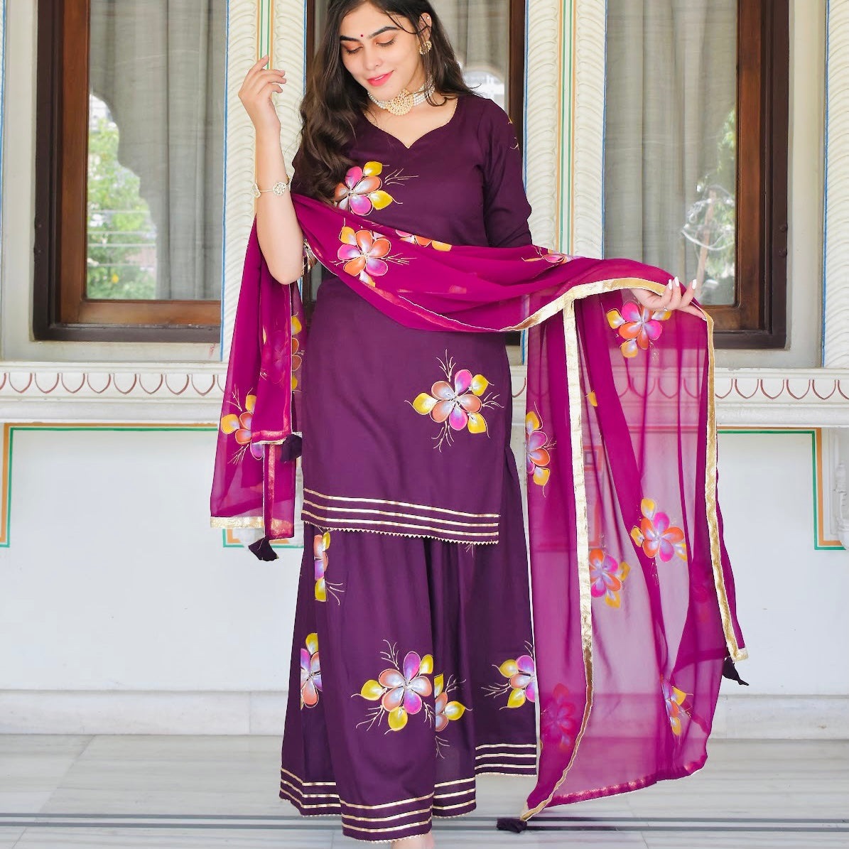 Wine Handpainted Sharara Suit Set