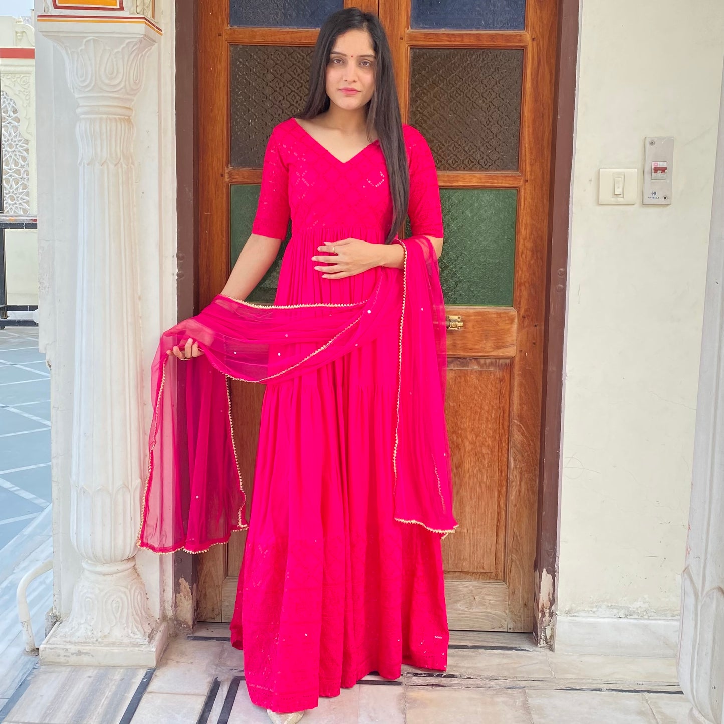 Pink Chikankari Tier Dress With Dupatta