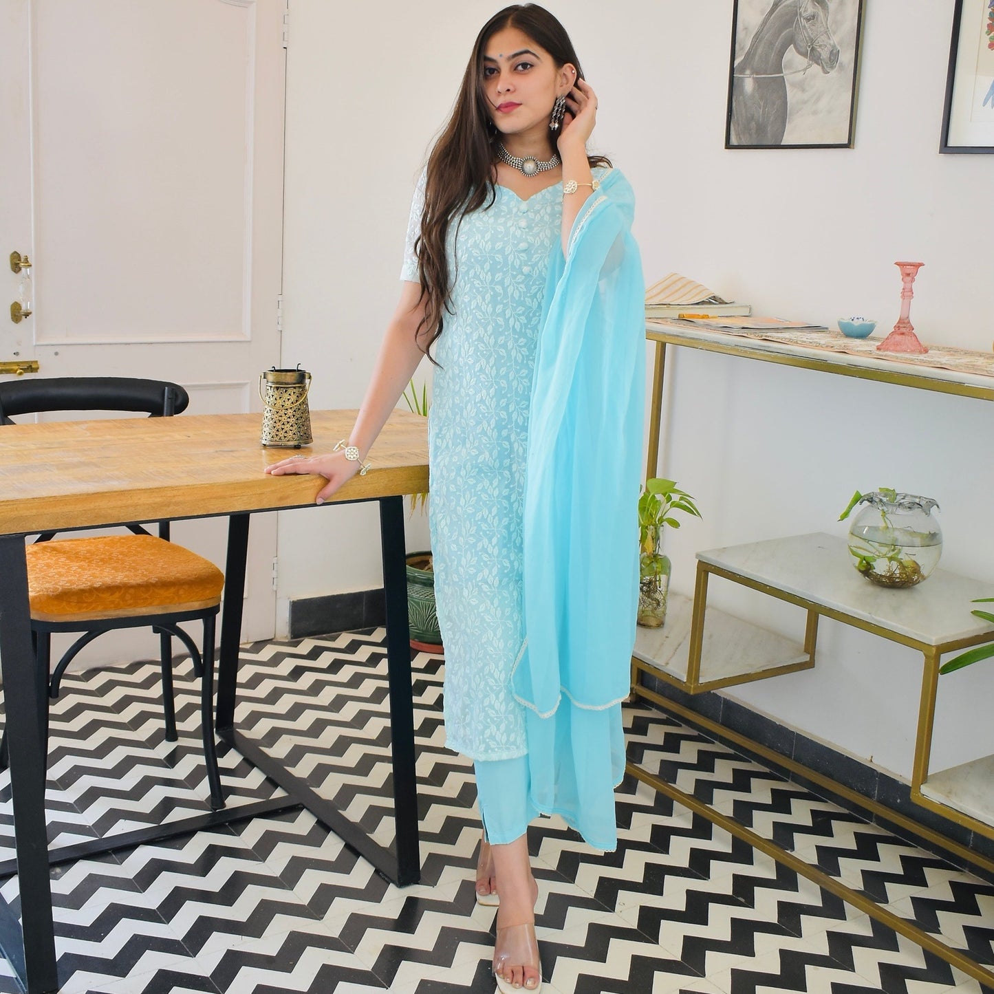 Sky Thread Embroidered Suit Set