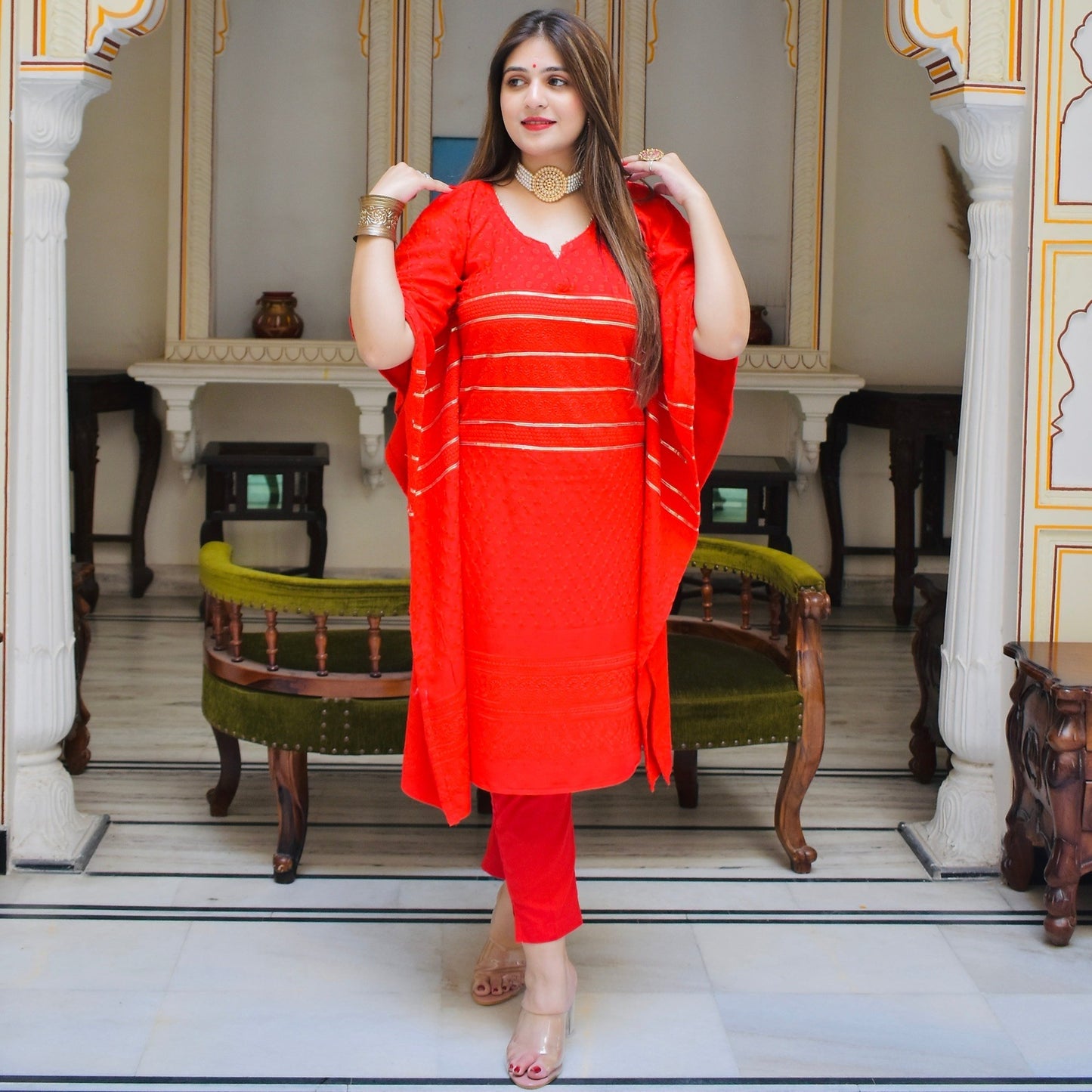 Diya Red Kaftan Kurta Set