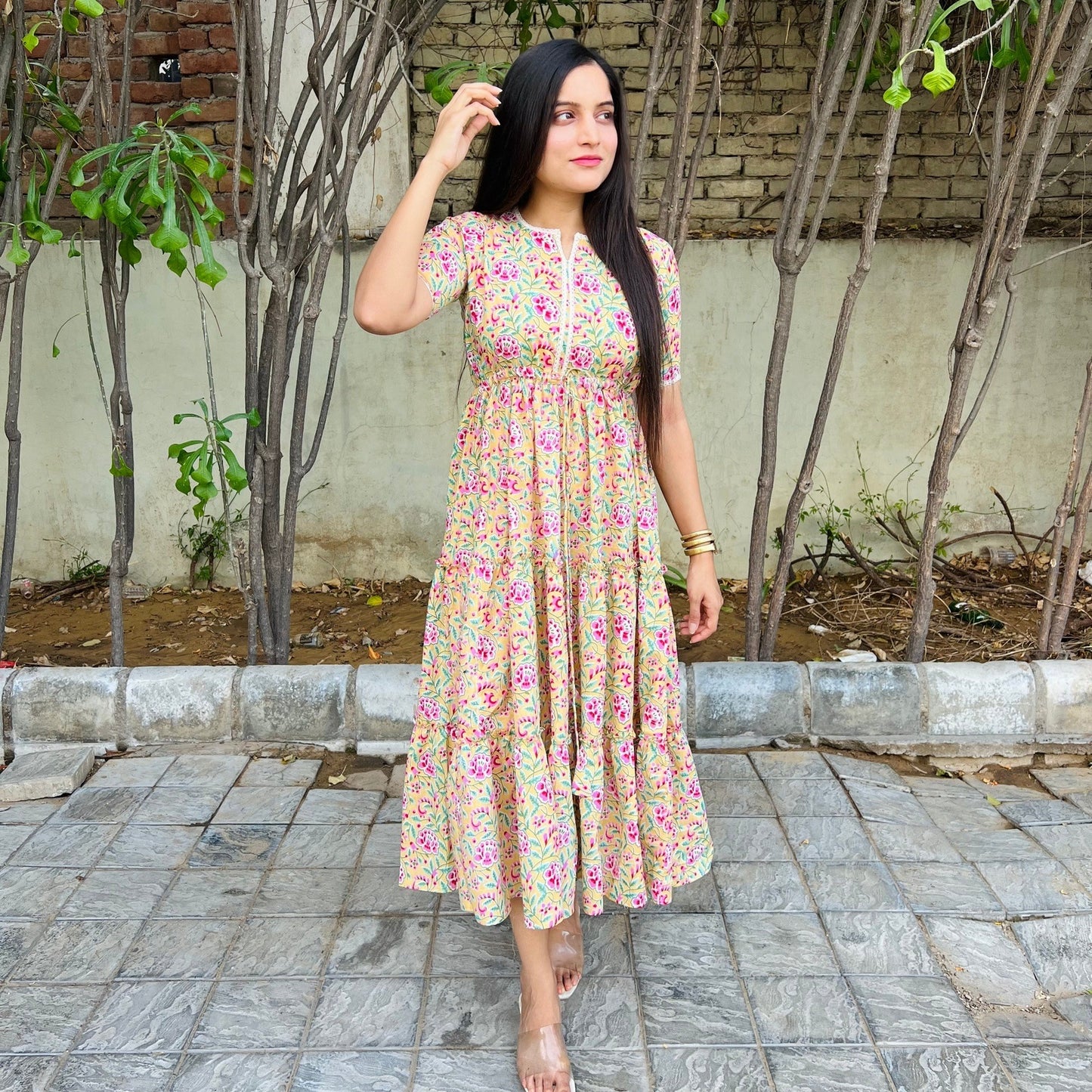 Lime Handblock Tier Dress