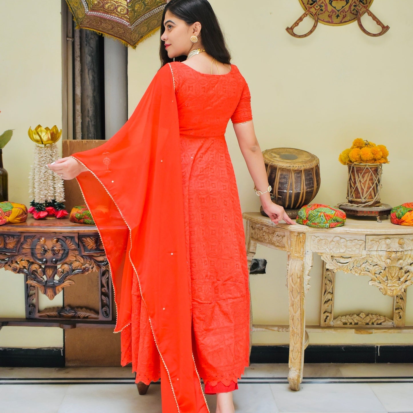 Red Chikankari Suit Set