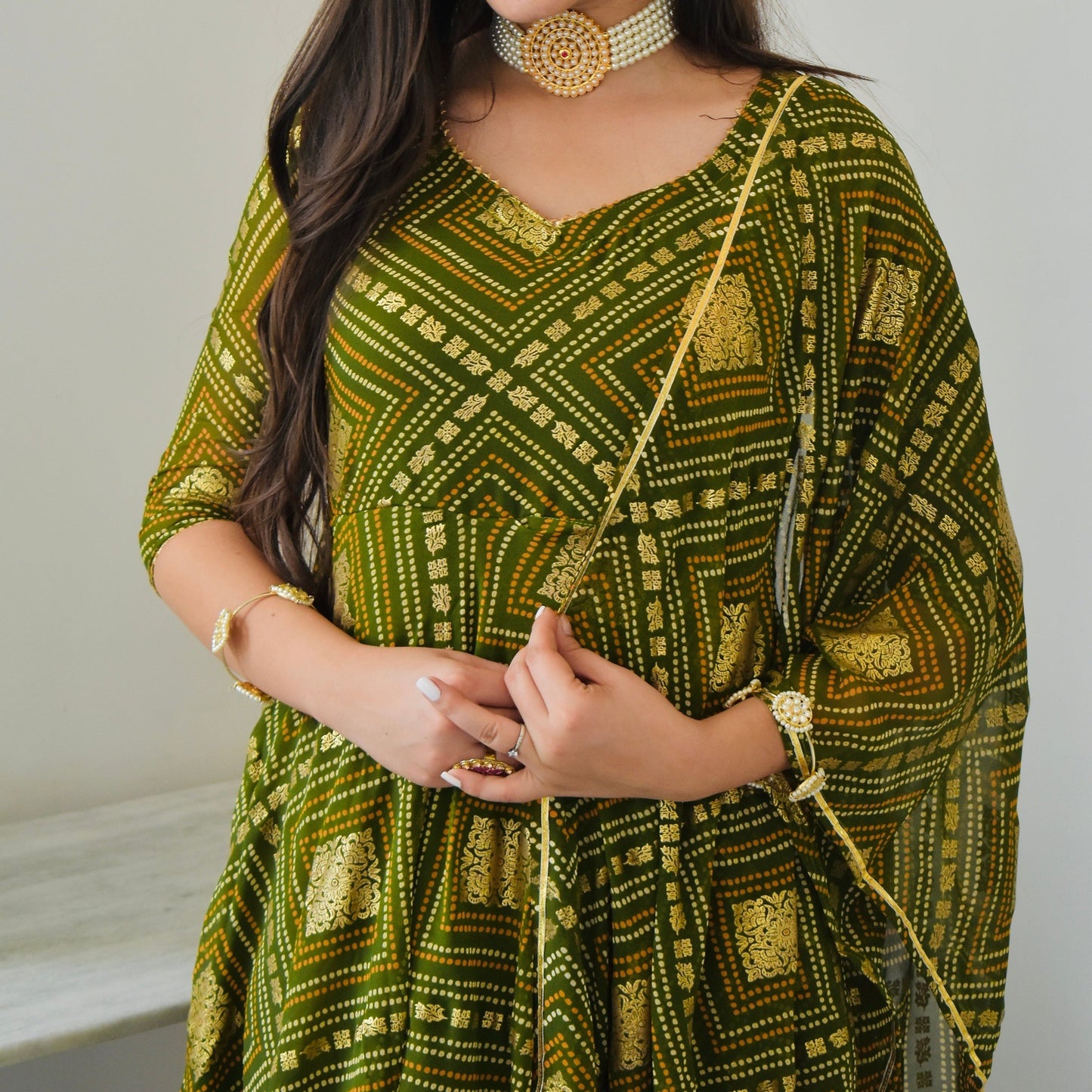 Olive Bhandej Foil Suit Set